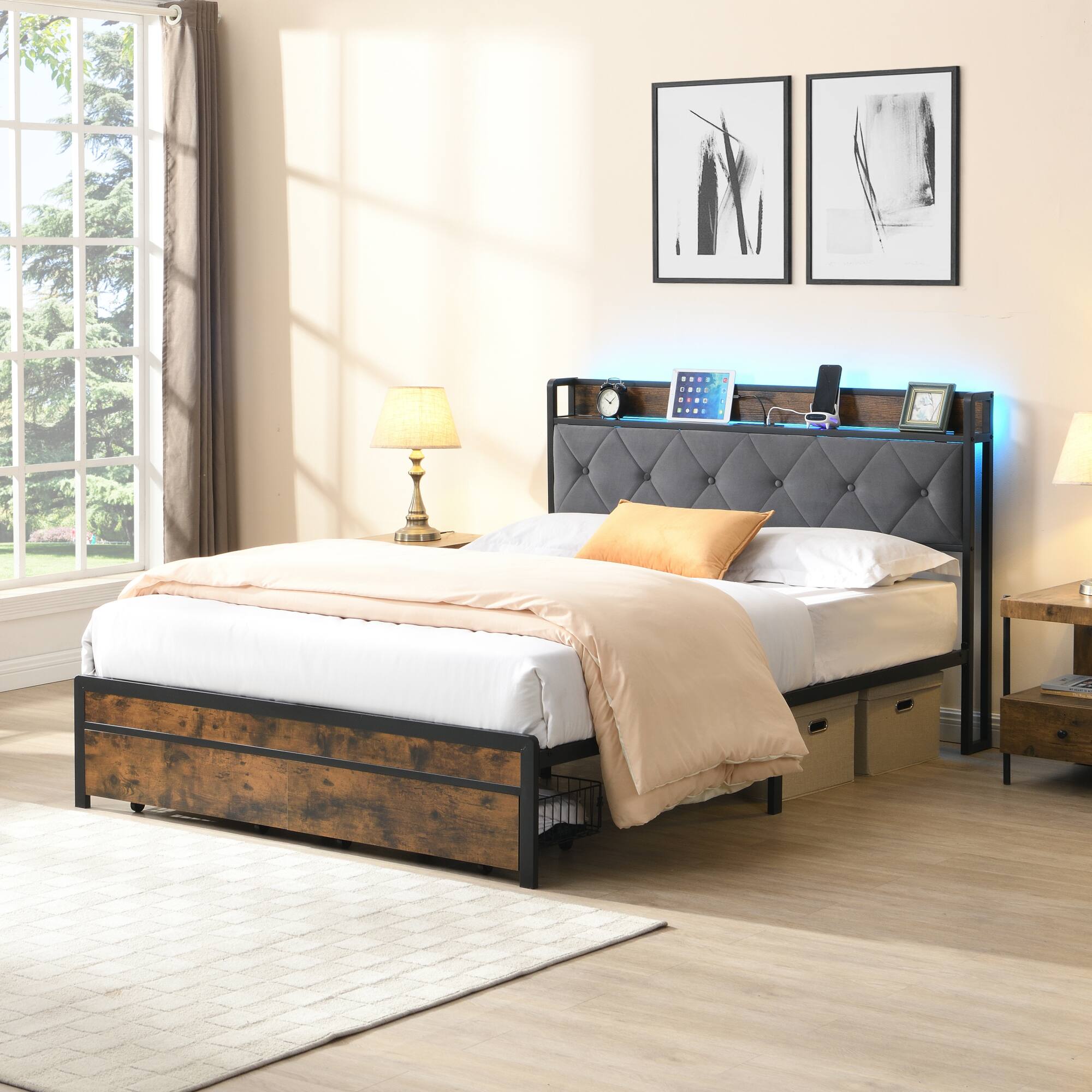 Angle. GOODSILO - Modern Upholstered Full Bed Frame with LED Lighting, Storage Drawers, USB Charging Station, and Sturdy Metal Structure - Brown+Gray.