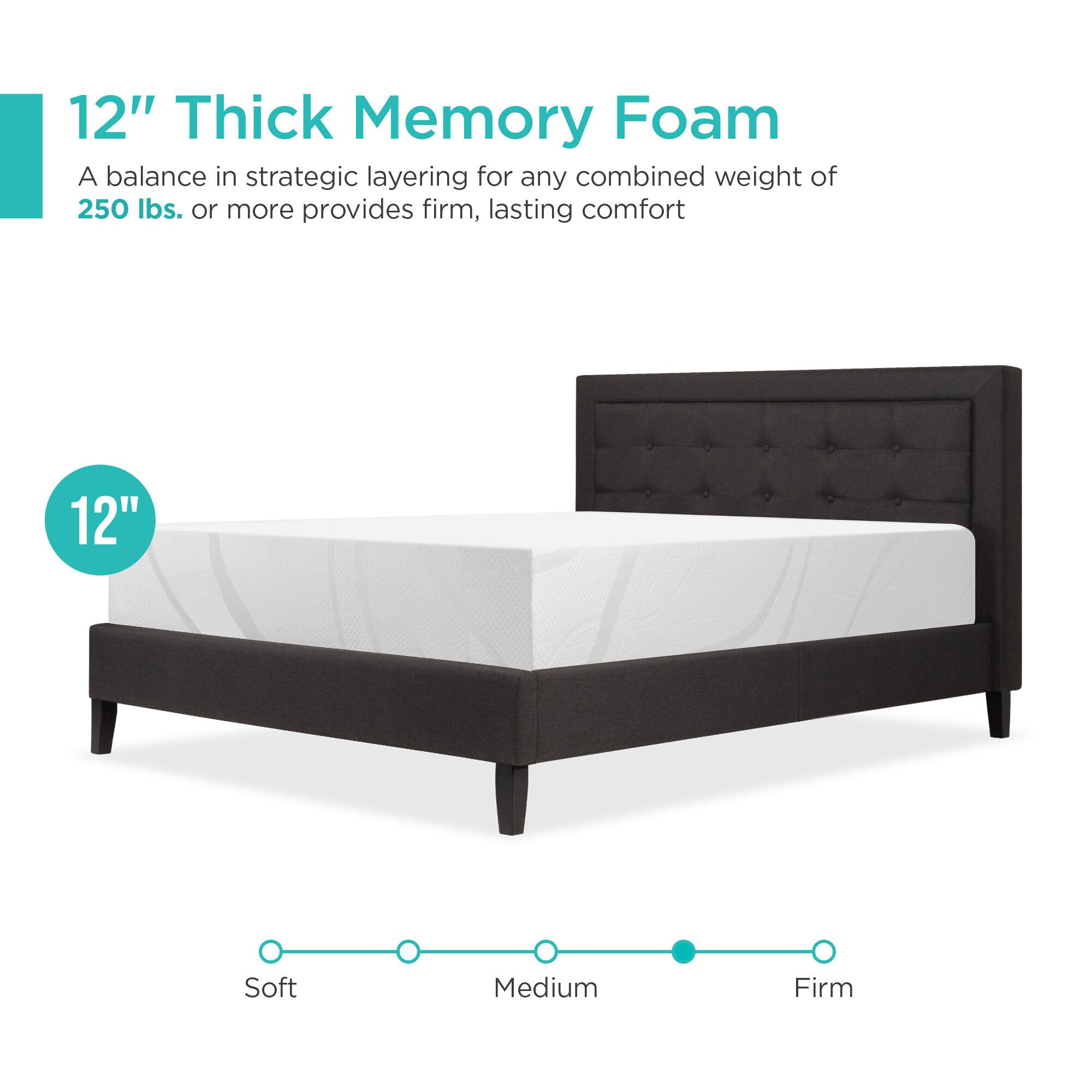12" Thick Memory Foam  
A balance in strategic layering for any combined weight of 250 lbs. or more provides firm, lasting comfort  

12"  

Soft Medium Firm