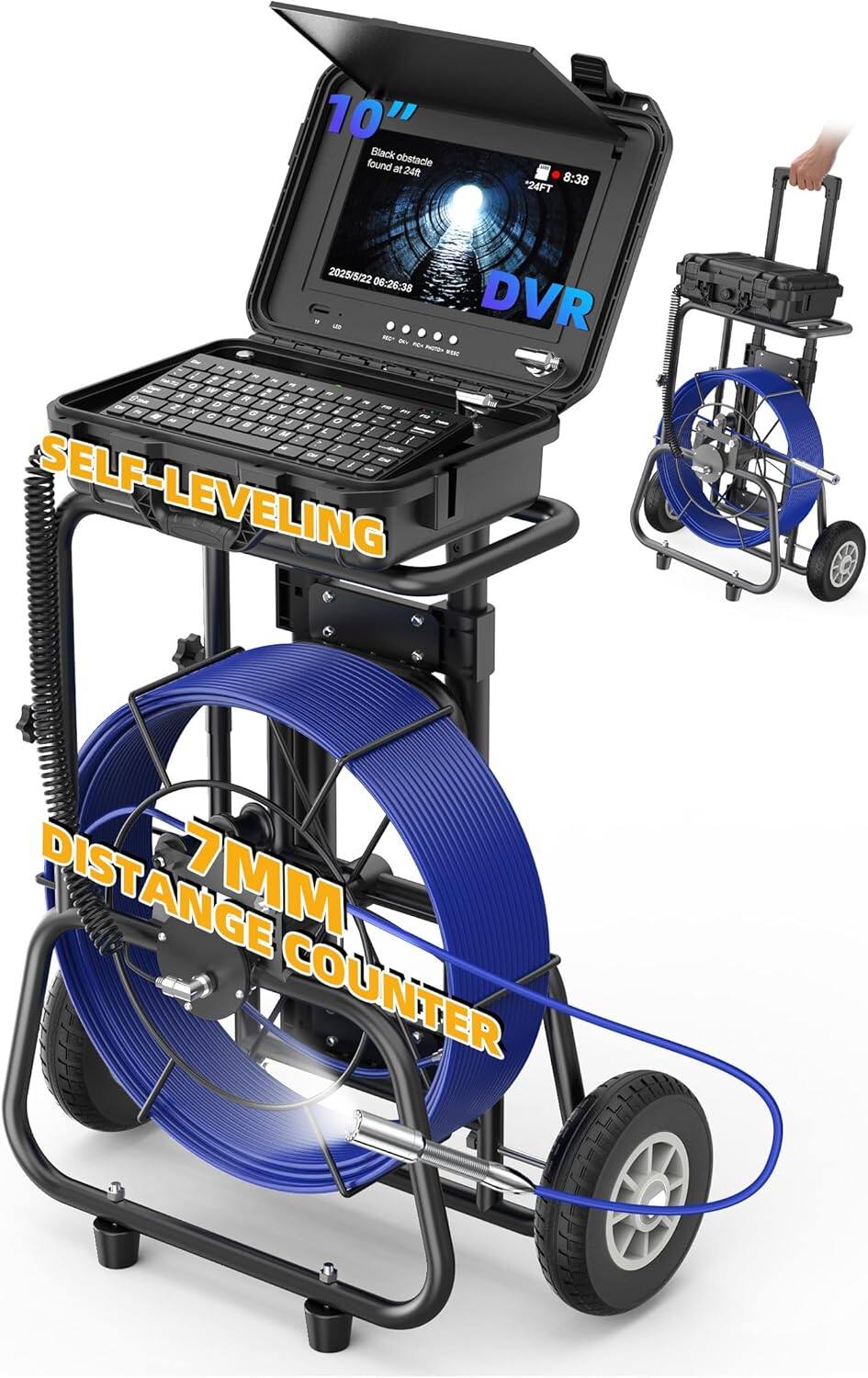 Front. Aukfa - Sewer Camera - 10" HD Borescope, Self-Leveling, IP68, 250Ft 7MM Cable, Distance Counter, DVR, 32GB.