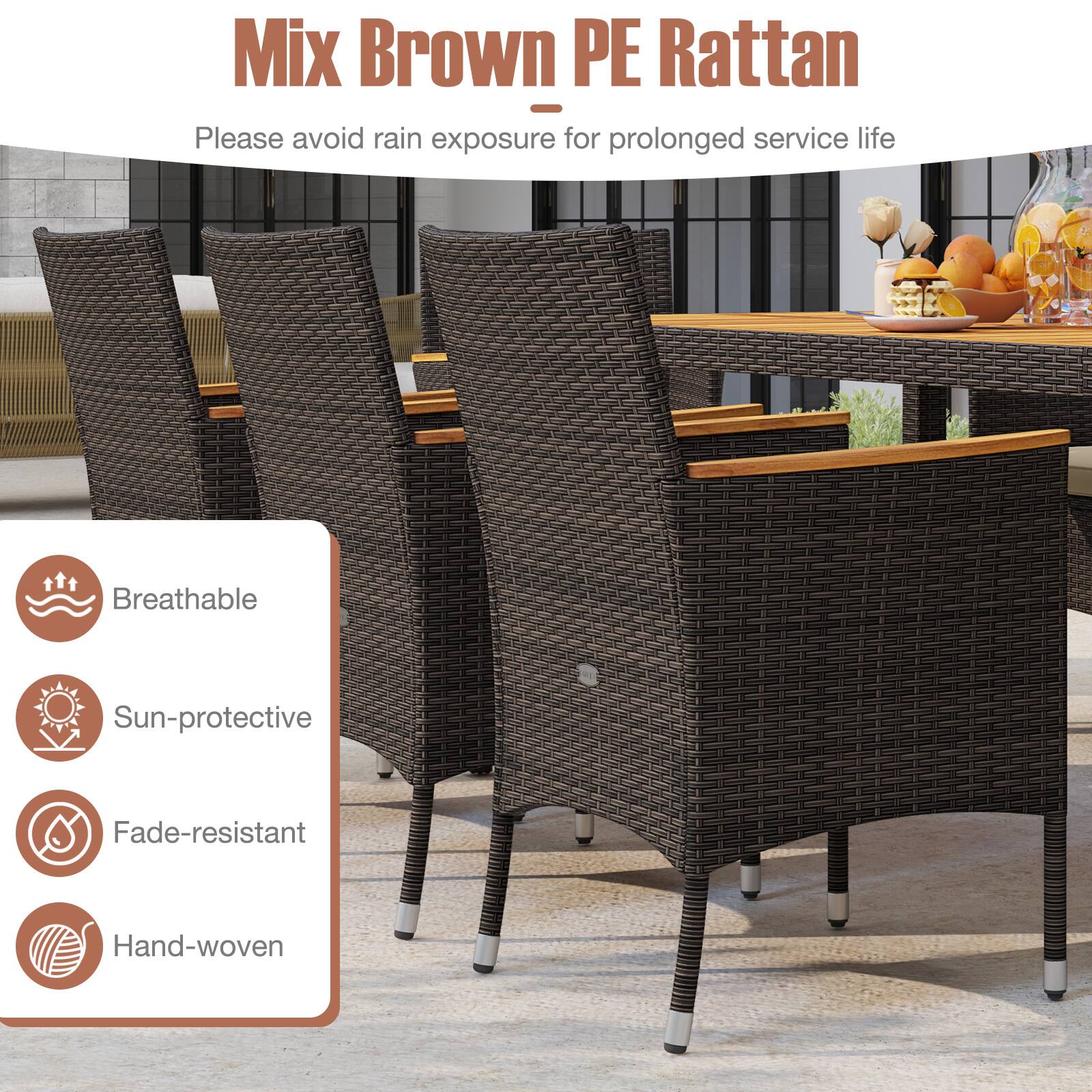 Mix Brown PE Rattan  
Please avoid rain exposure for prolonged service life  

- Breathable  
- Sun-protective  
- Fade-resistant  
- Hand-woven