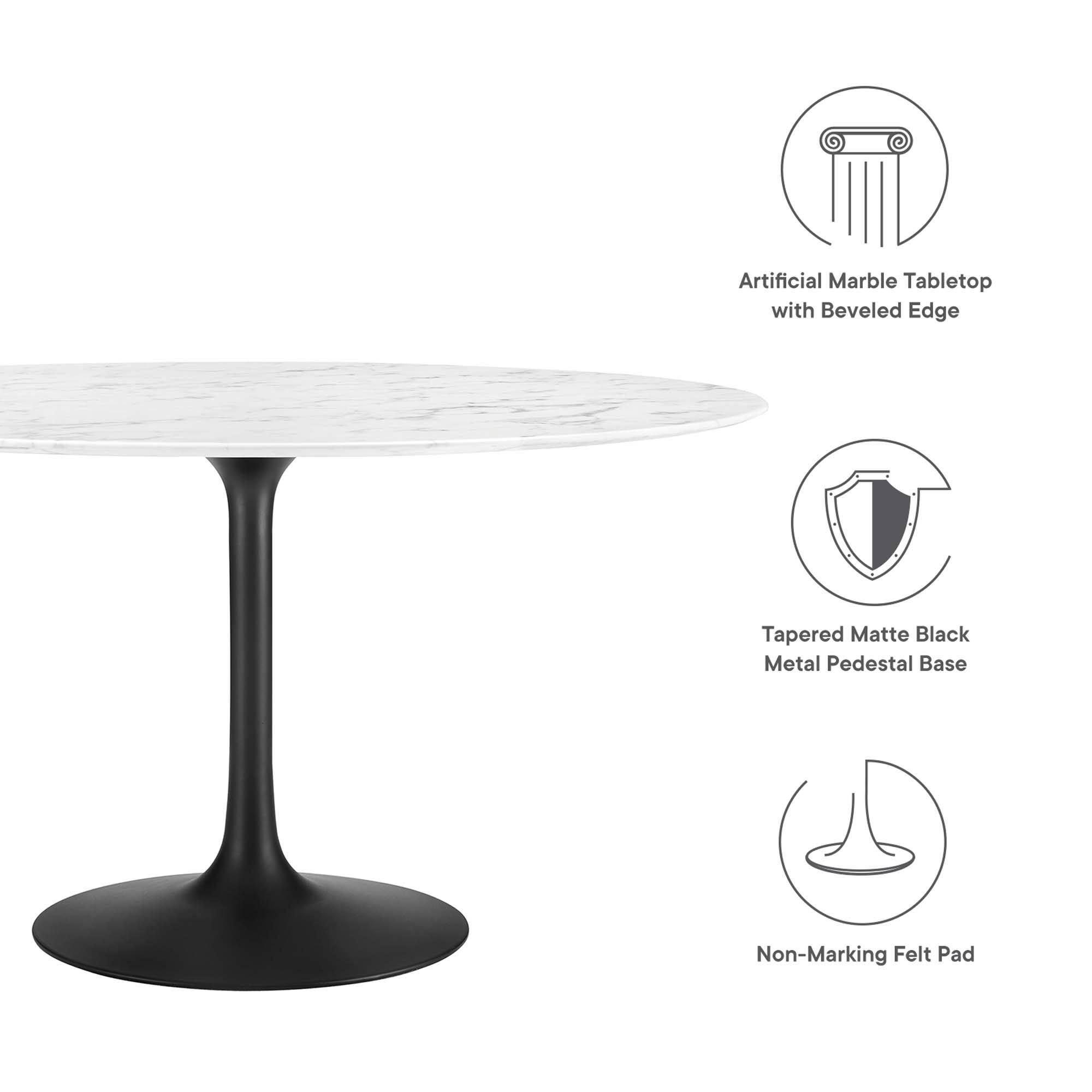 Artificial Marble Tabletop with Beveled Edge  
Tapered Matte Black Metal Pedestal Base  
Non-Marking Felt Pad