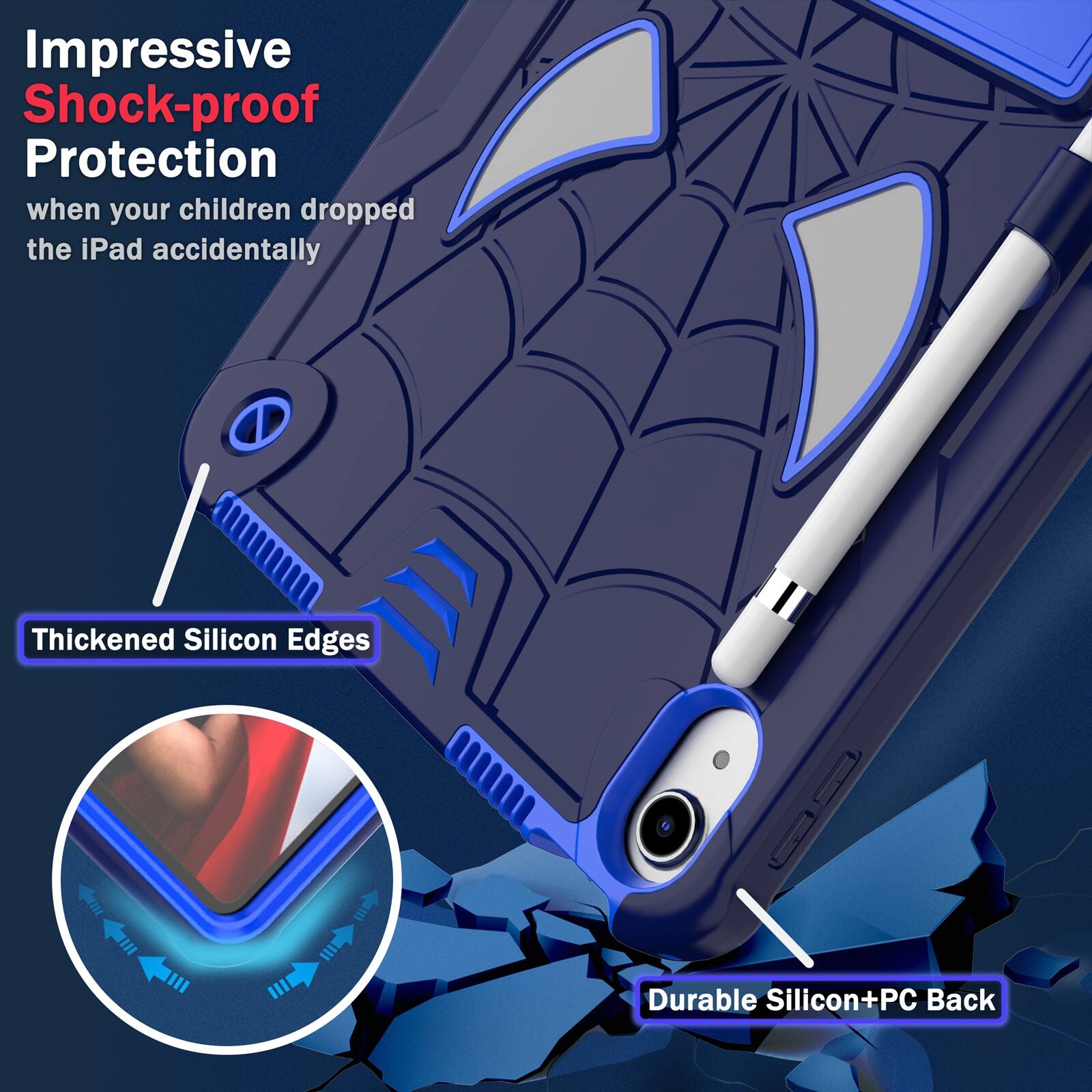 Impressive Shock-proof Protection when your children dropped the iPad accidentally

Thickened Silicon Edges

Durable Silicon+PC Back