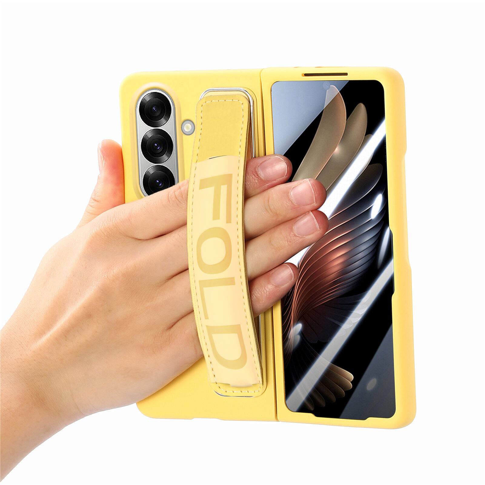 Alt View 2. Dteck - Shockproof Wristband Phone Case for Samsung Galaxy Z Fold7 with Screen Protector, Slim Hard PC TPU Full Protective Cover - Yellow.