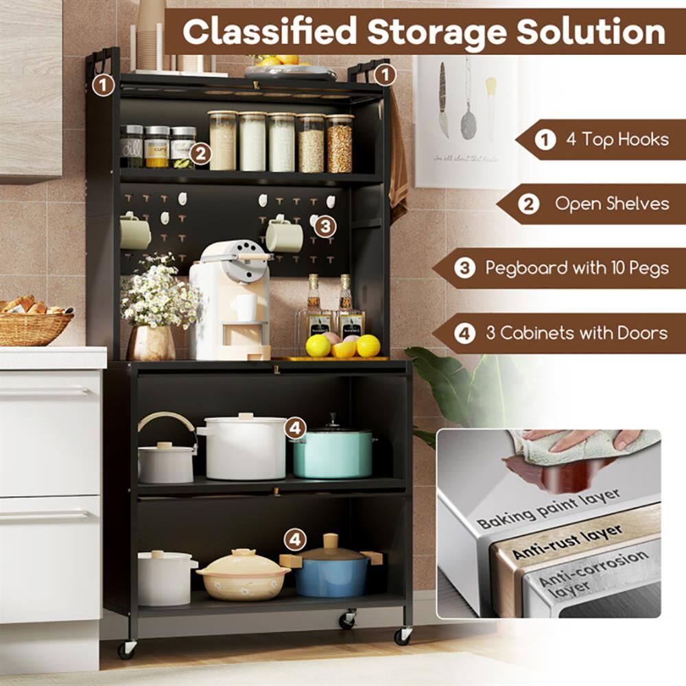 1. Classified Storage Solution
2. 4 Top Hooks
3. Open Shelves
4. Pegboard with 10 Pegs
5. 3 Cabinets with Doors
6. Baking paint layer
7. Anti-rust layer
8. Anti-corrosion layer