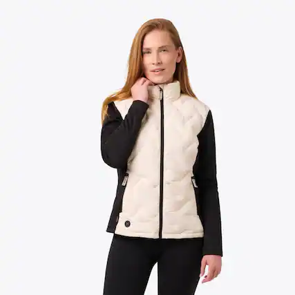 Front. Mobile Warming - Women's Aria Hybrid Heated Jacket - Cream/Black.