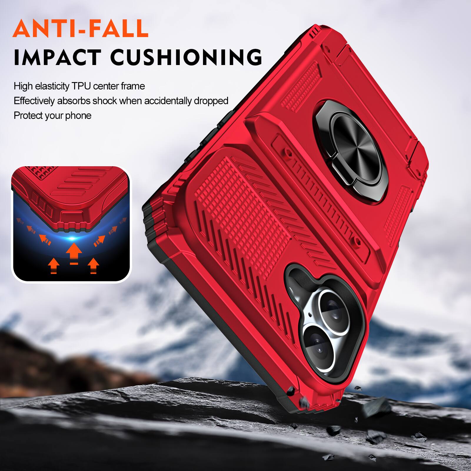 ANTI-FALL IMPACT CUSHIONING

High elasticity TPU center frame
Effectively absorbs shock when accidentally dropped
Protect your phone