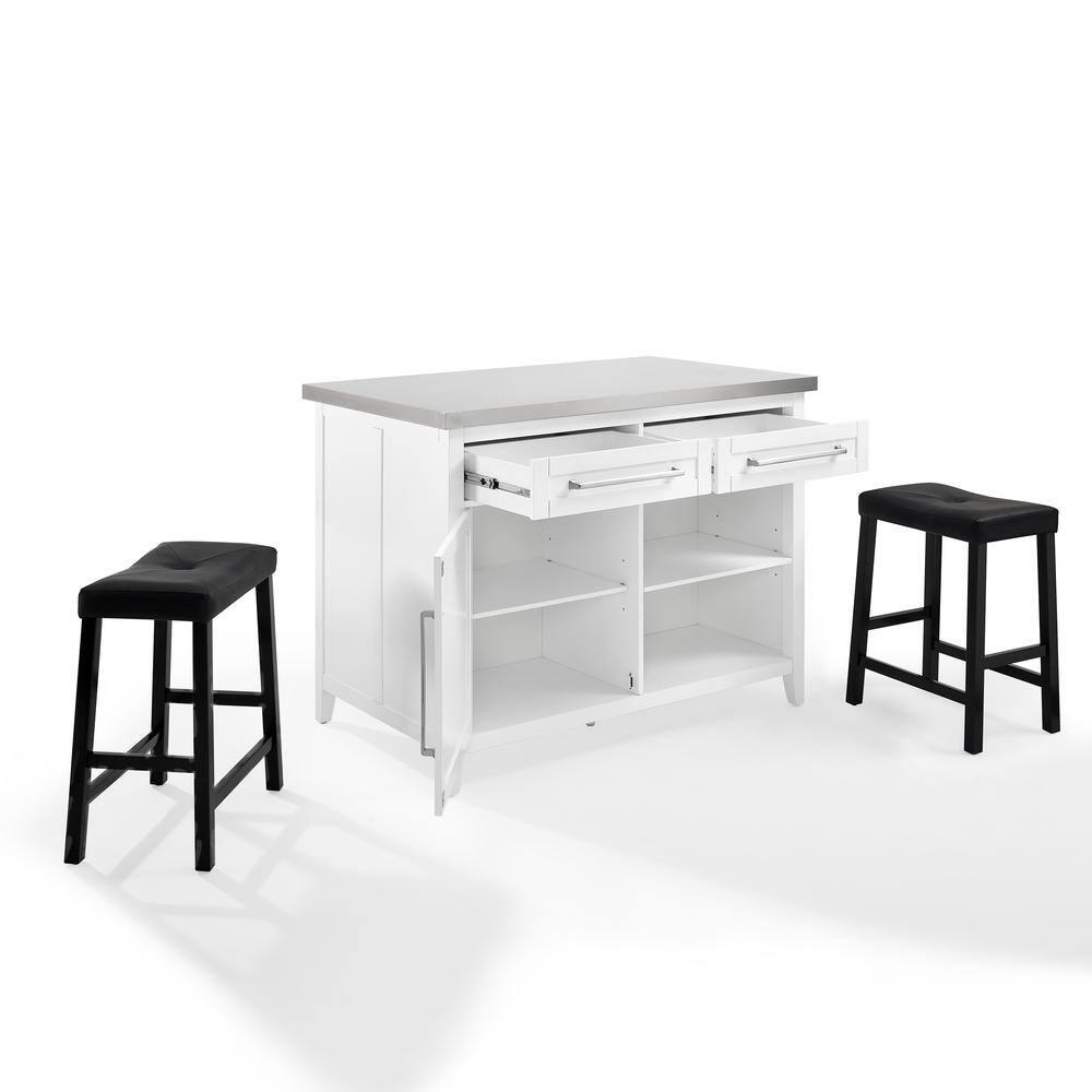Alt View 2. Crosley Furniture - Silvia Stainless Steel Top Island W/Uph Saddle Stools, Kitchen Island & 2 Stools - White.