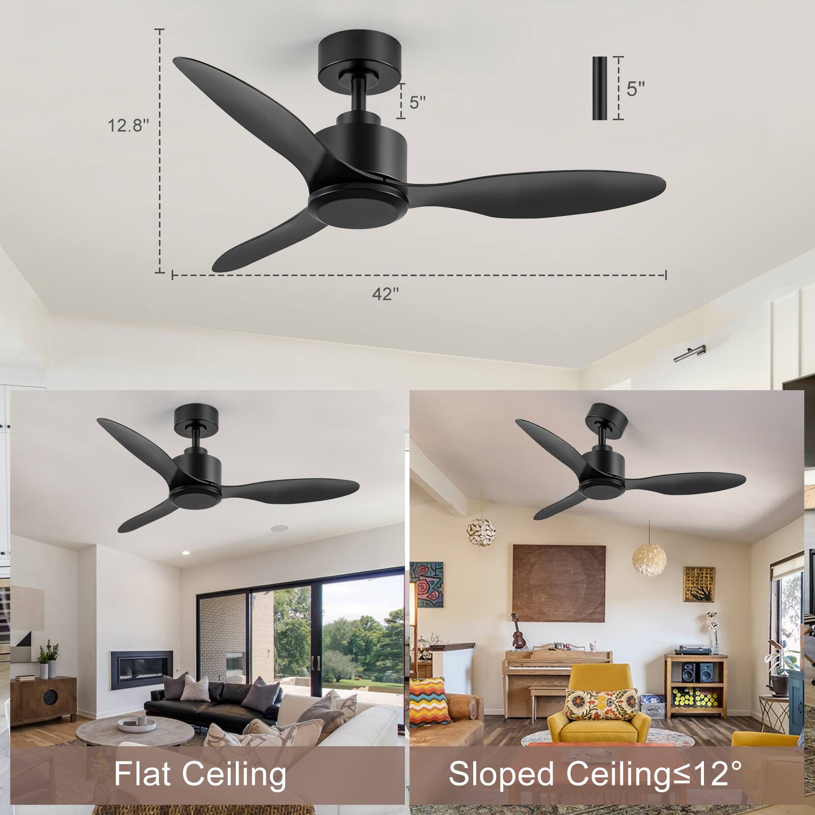 12.8"  
42"  
5"  
Flat Ceiling  
Sloped Ceiling ≤12°