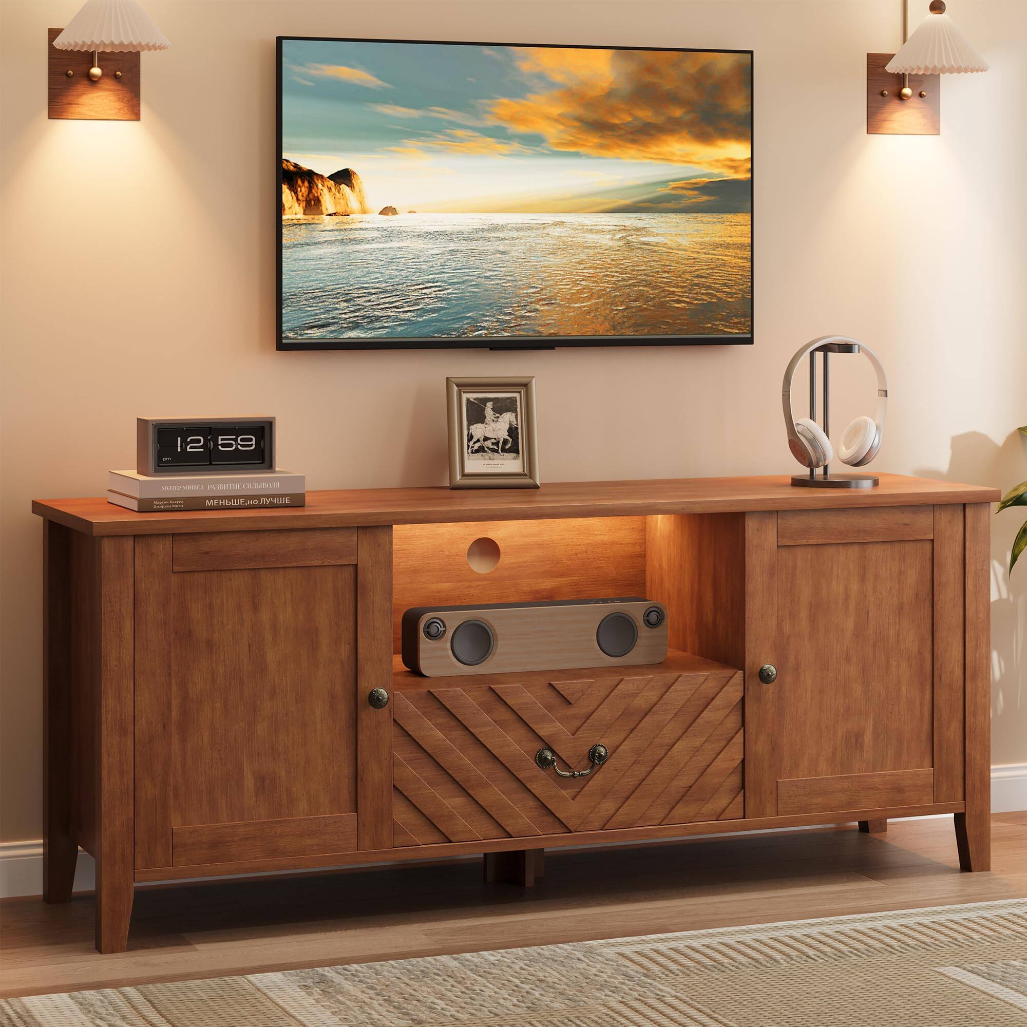 Acekool - TV Stand for Living Room for 65 Inch Tv, Entertainment Center with Led,Television Stands,TV Console Table with 2 Storage - Brown