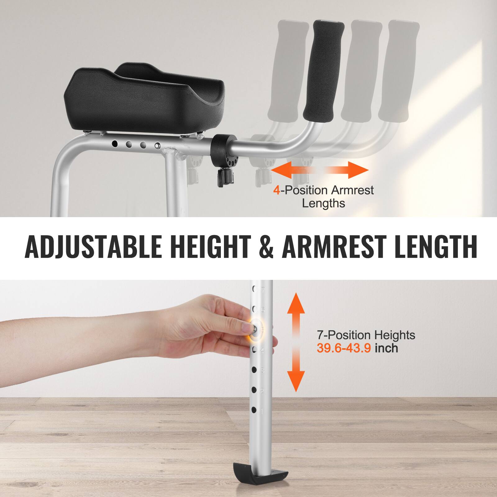 ADJUSTABLE HEIGHT & ARMREST LENGTH
4-Position Armrest Lengths
7-Position Heights 39.6-43.9 inch