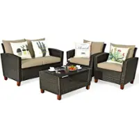 Costway 4PCS Patio Rattan Furniture Set Solid Wood Leg Cushioned Sofa Garden Lawn - as pic - Front_Zoom