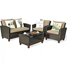 Costway - 4PCS Patio Rattan Furniture Set Solid Wood Leg Cushioned Sofa Garden Lawn - as pic