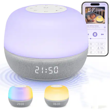 Sure, here is the corrected and grouped text from the image:
---
**34 Sounds**
- Gentle White Noise
- Noise & Soothing Sounds
- 2:30
- Alarm Clock
- Sunrise Mode
- Child Lock
- Breath Training
- 0-24h Timer
- RGB
---
**Time Display:**
- 21:50
**Additional Displays:**
- 20:00
- 06:00
---