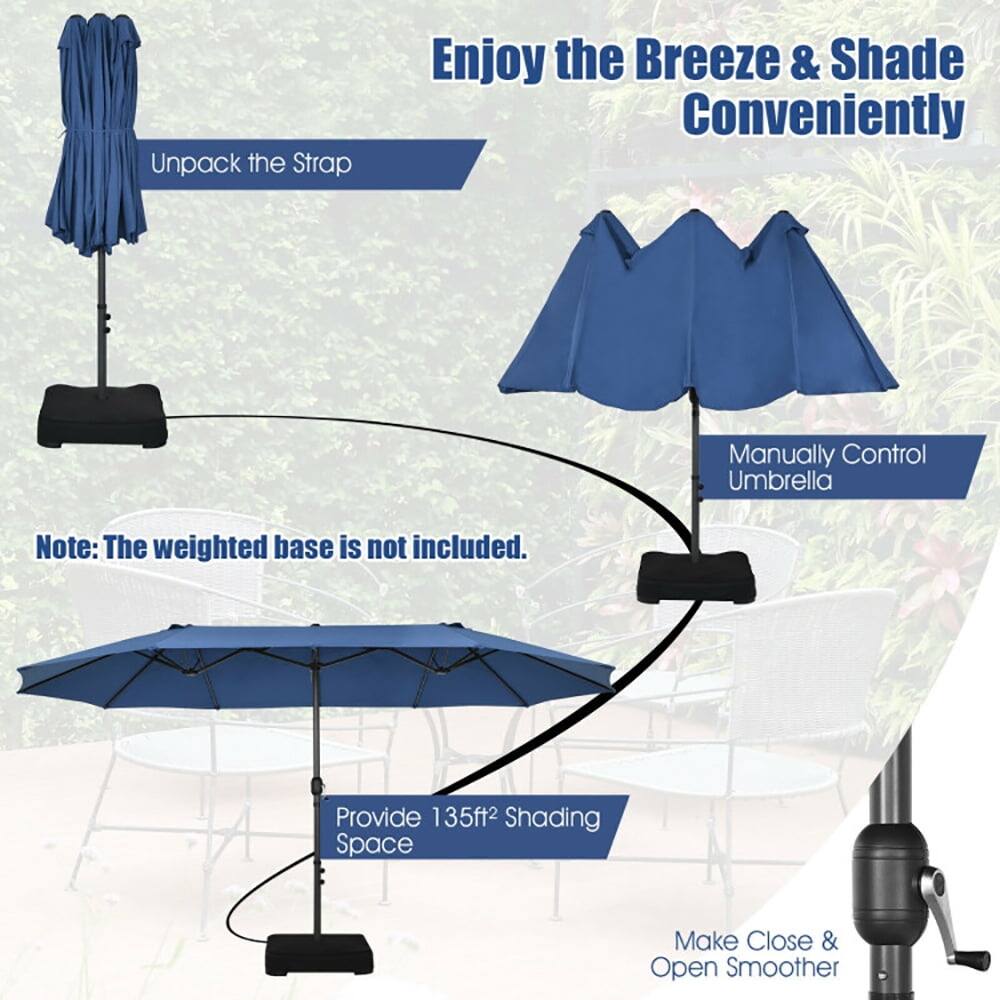Enjoy the Breeze & Shade Conveniently

Unpack the Strap

Manually Control Umbrella

Provide 135ft² Shading Space

Make Close & Open Smoother

Note: The weighted base is not included.