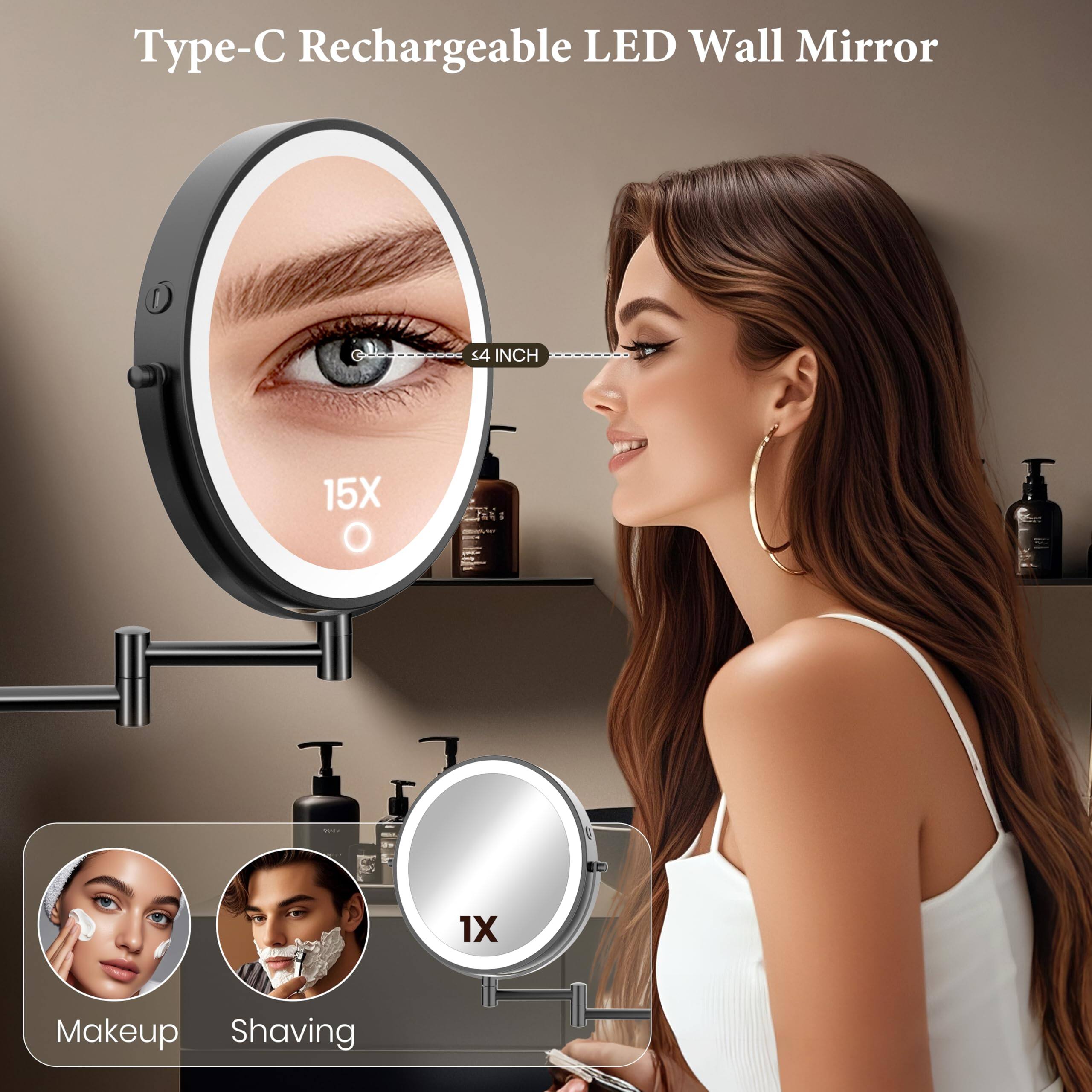 Type-C Rechargeable LED Wall Mirror

- <4 INCH
- 15X
- 1X

Makeup
Shaving