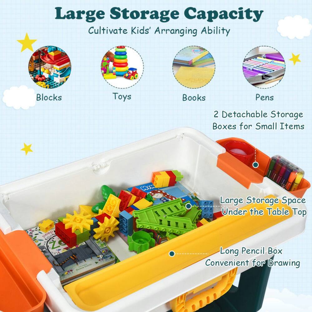 Large Storage Capacity  
Cultivate Kids' Arranging Ability  

Blocks  
Toys  
Books  
Pens  

2 Detachable Storage Boxes for Small Items  

Large Storage Space Under the Table Top  

Long Pencil Box  
Convenient for Drawing