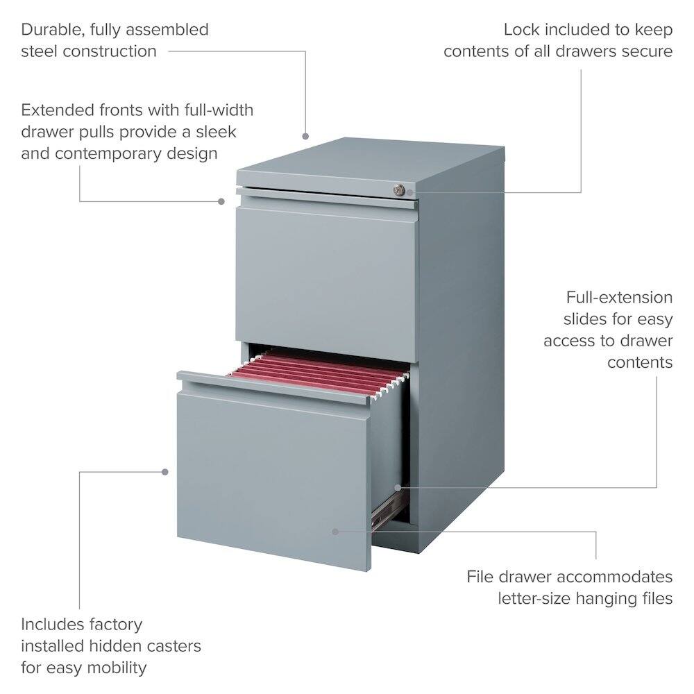 Durable, fully assembled steel construction

Lock included to keep contents of all drawers secure

Extended fronts with full-width drawer pulls provide a sleek and contemporary design

Full-extension slides for easy access to drawer contents

Includes factory installed hidden casters for easy mobility

File drawer accommodates letter-size hanging files