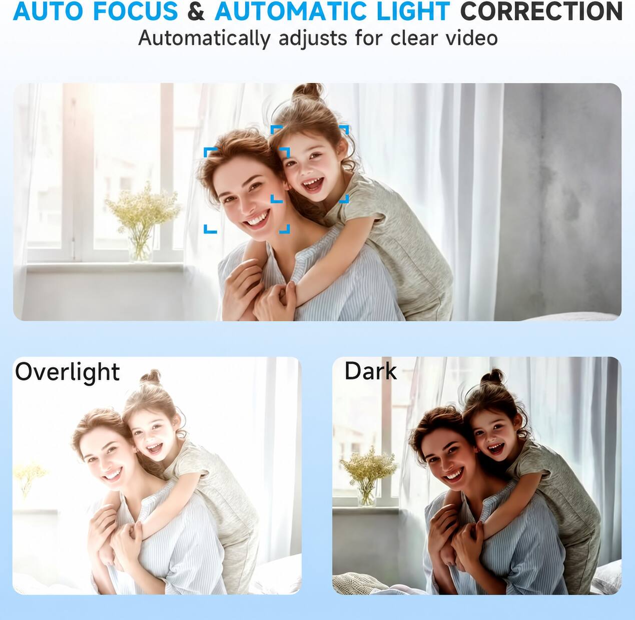 AUTO FOCUS & AUTOMATIC LIGHT CORRECTION  
Automatically adjusts for clear video

Overlight

Dark