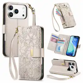 UUCOVER - Floral PU Leather Wallet Case for iPhone 17 Pro Max with Zipper Pocket, Card Slots,Shoulder & Wrist Strap, Stand Cover - Beige