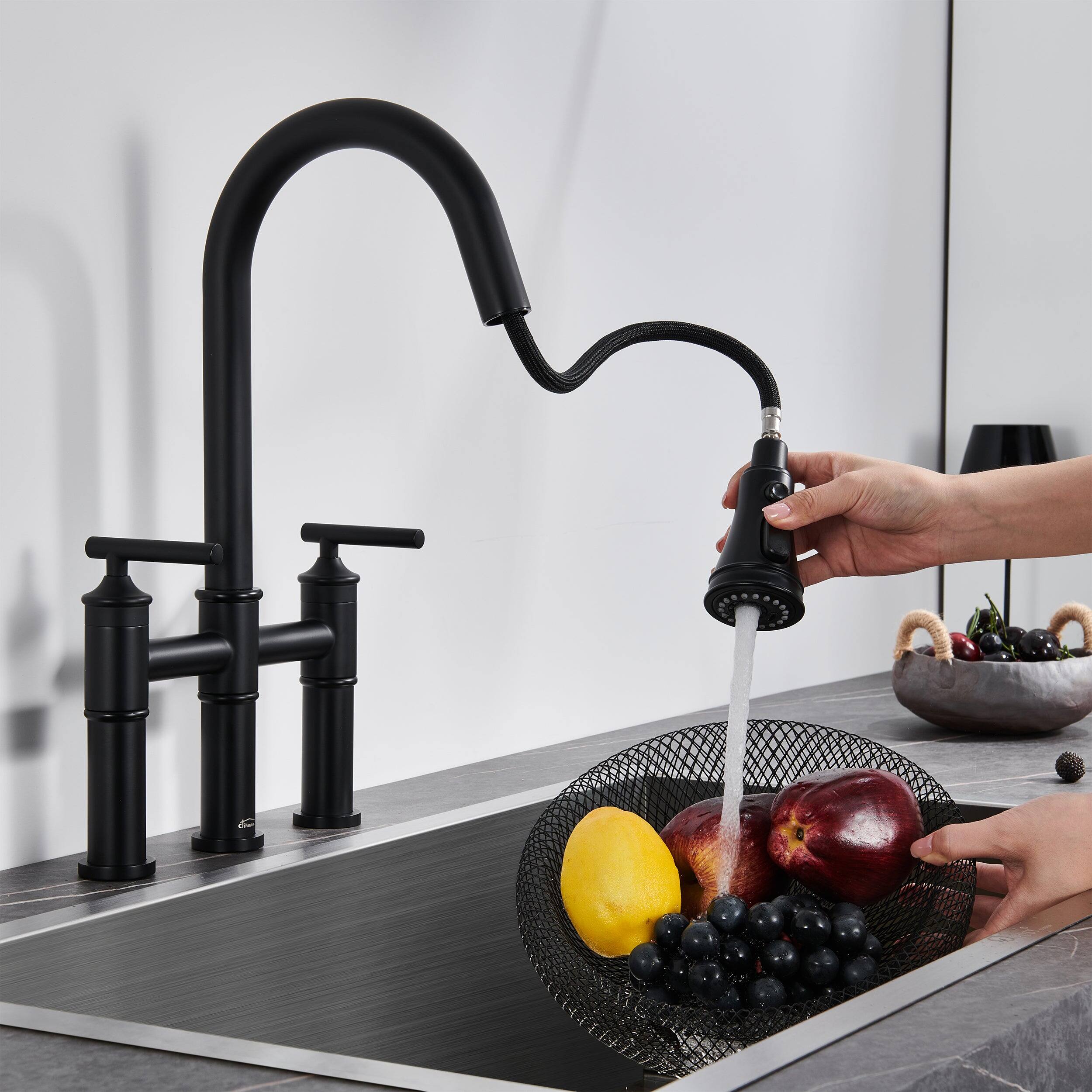 Alt View 8. Boyel Living - Double Handle Bridge Pull-Down Kitchen Faucet with 3-Spray Patterns and 360 Degrees Rotation Spout - Matte Black.