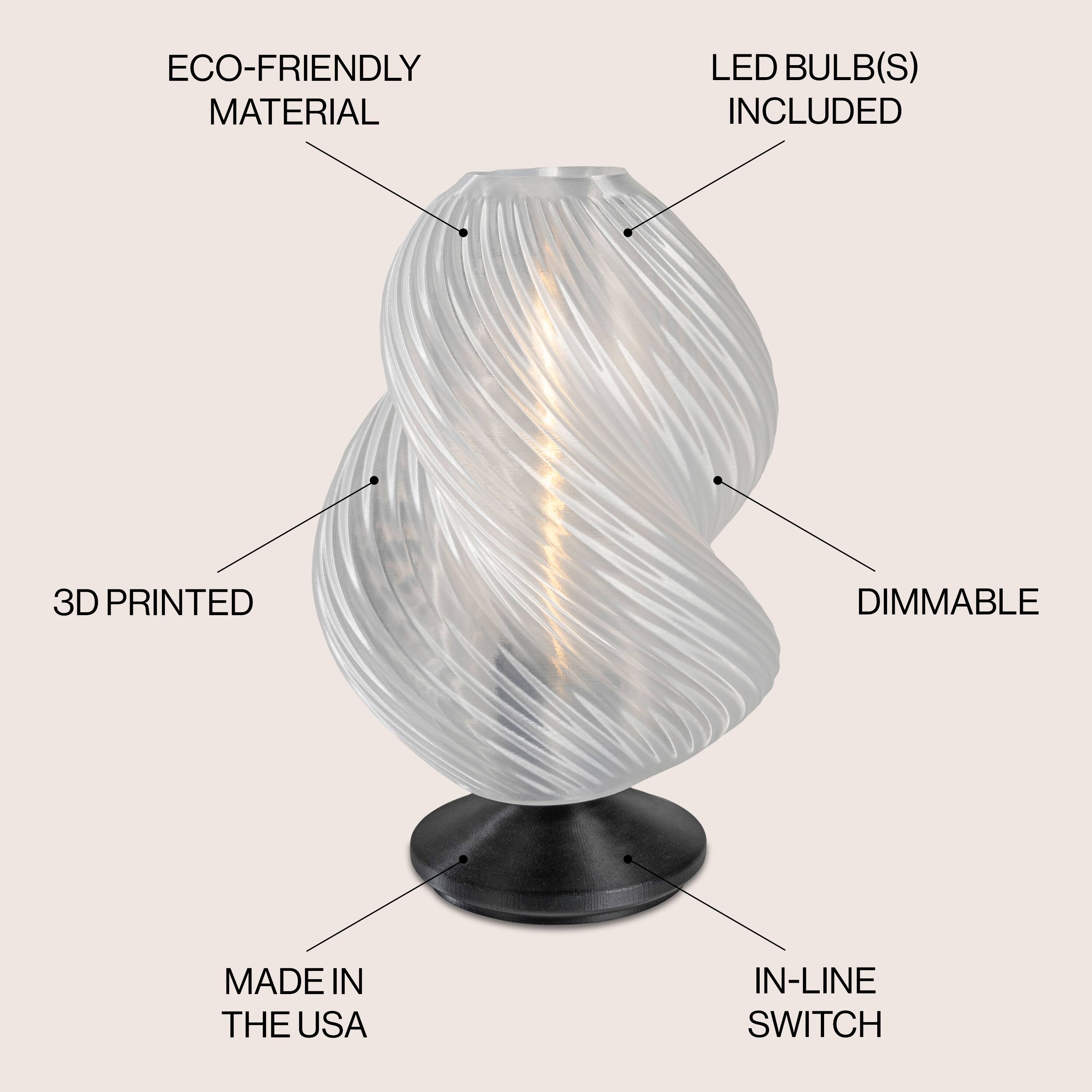 ECO-FRIENDLY MATERIAL  
LED BULB(S) INCLUDED  
3D PRINTED  
DIMMABLE  
MADE IN THE USA  
IN-LINE SWITCH