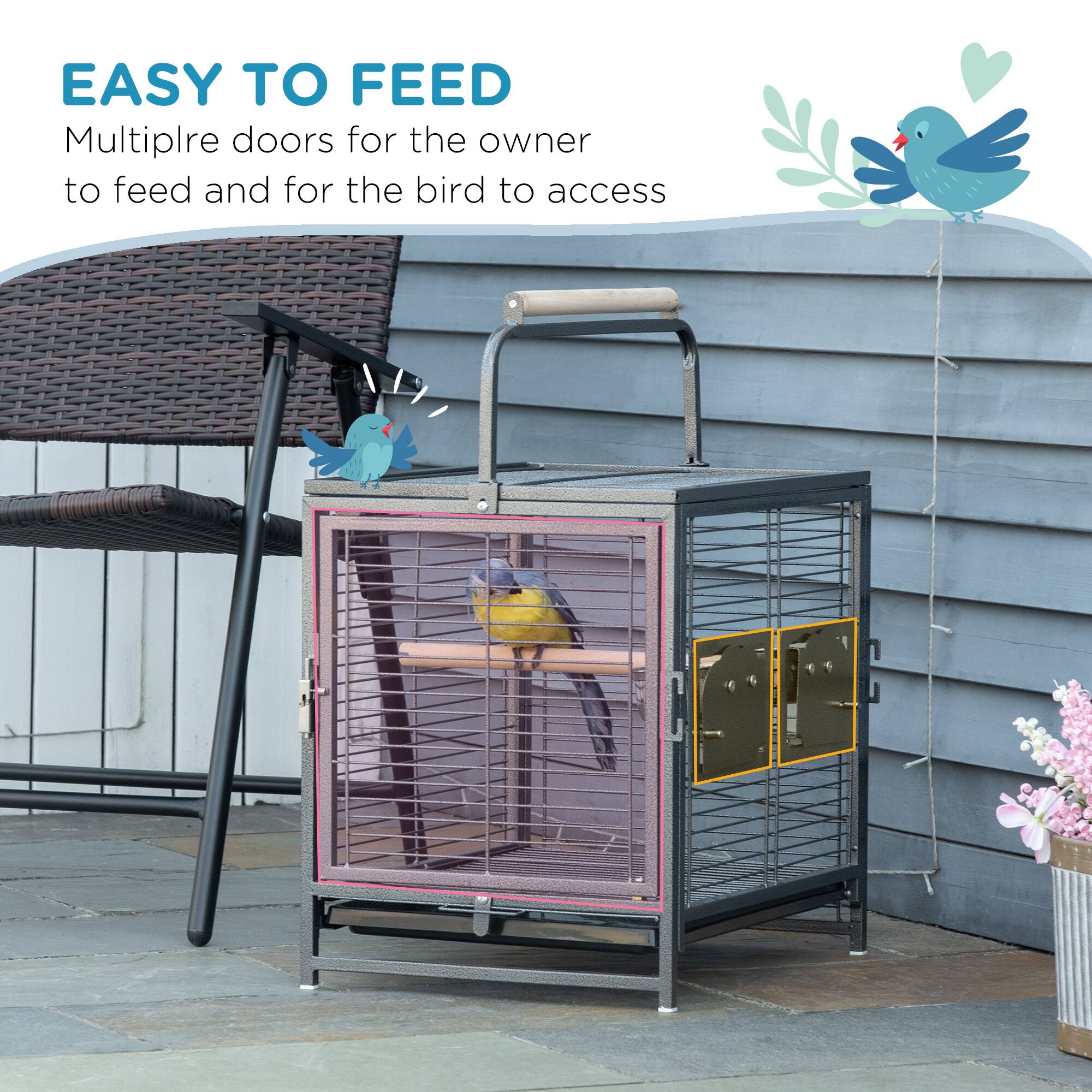 EASY TO FEED  
Multiple doors for the owner to feed and for the bird to access