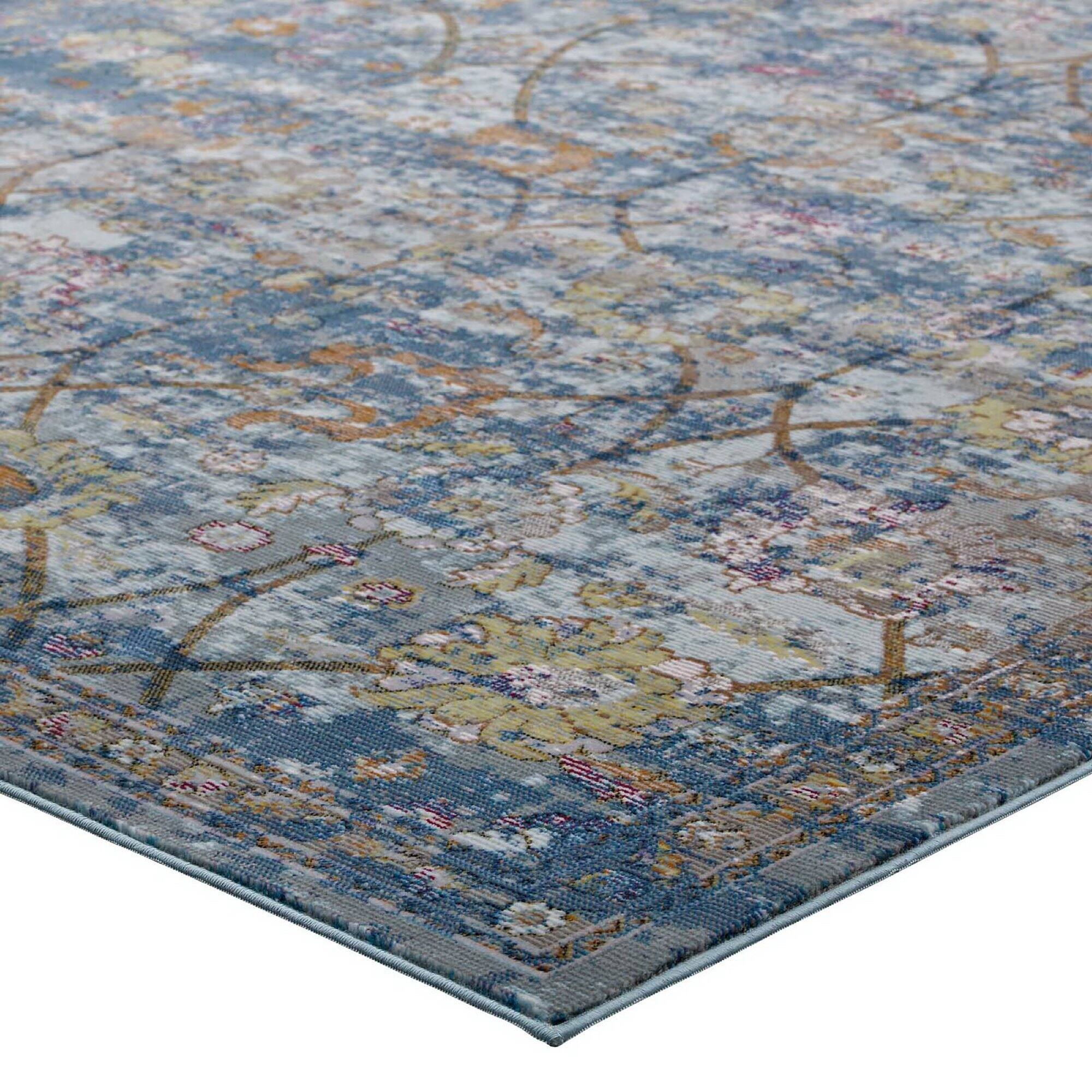 Alt View 2. Modway - Minu Distressed Floral Lattice Area Rug - Blue Gray Yellow and Orange.
