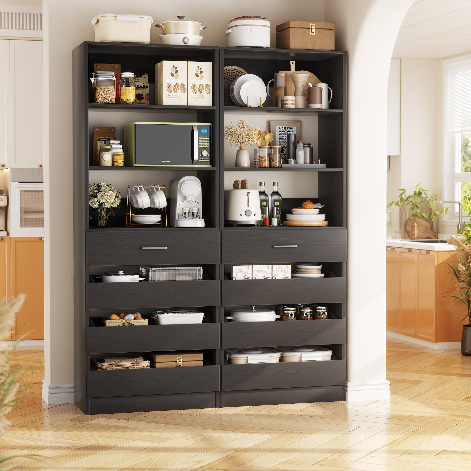 Aheaplus - 2 Pack-Premium Wood Pantry Cabinet: 4 Drawers, 3 Shelves, Wall-Fit Design for Organized Kitchen Storage - Black