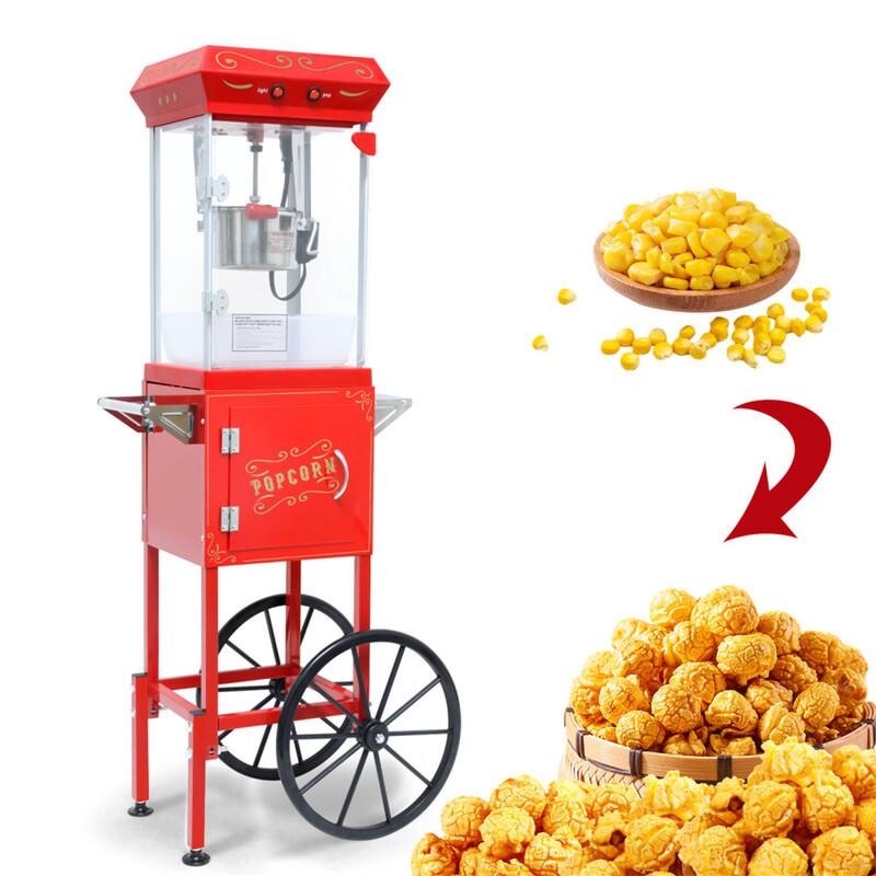 Angle. HTUTWOO - Popcorn Machine with Cart - 6 Oz Pot Popcorn Maker with Wheels & Stainless Steel Oil Spoon, Mobile Cart with Lockers - Red.