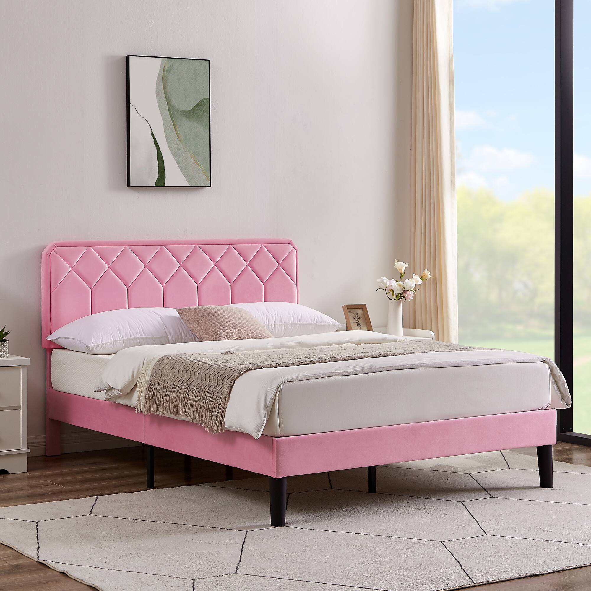 Alt View 2. Vecelo - Queen Size Upholstered Bed With Adjustable Headboard And Underbed Storage - Metal Platform Bed,Quiet Design - Pink.