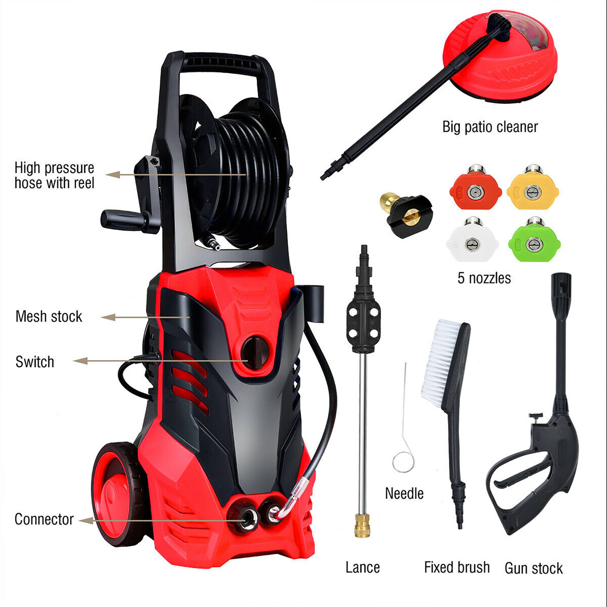 - High pressure hose with reel
- Mesh stock
- Switch
- Connector
- Lance
- Needle
- Fixed brush
- Gun stock
- Big patio cleaner
- 5 nozzles