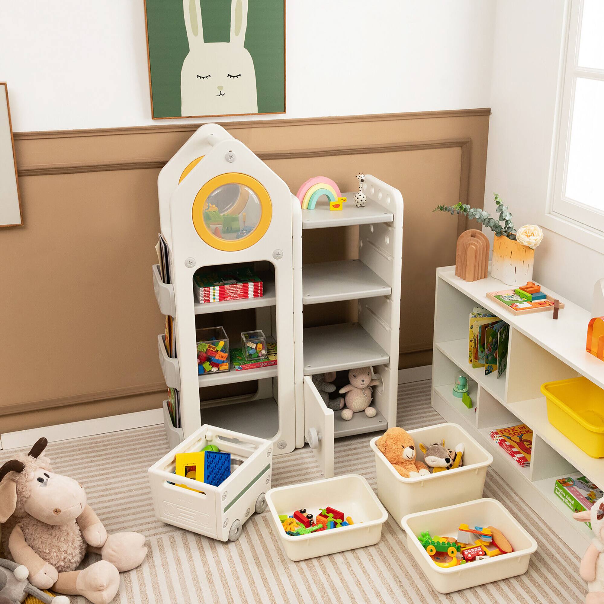 Alt View 1. Gymax - Gymax Kids Toy Storage Organizer Multipurpose Bookshelf w/ Cabinets & Mobile Trolley - Beige.