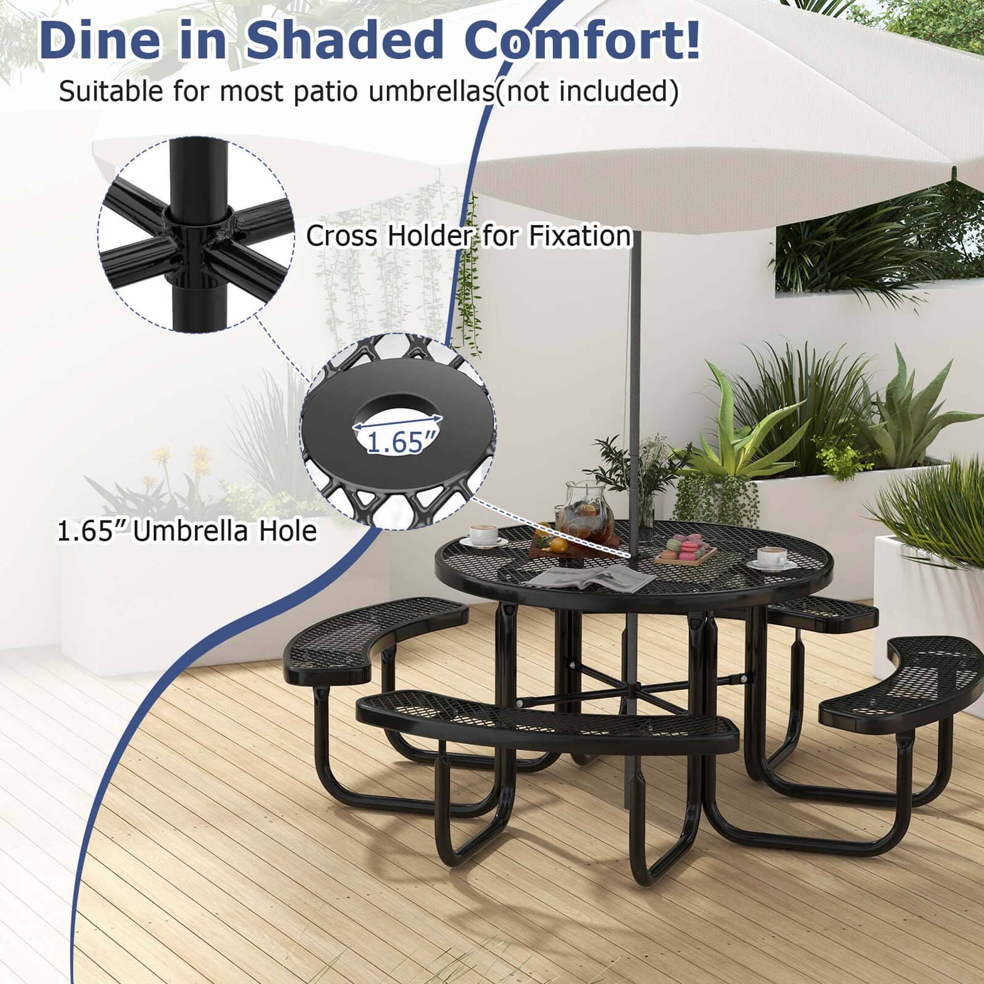 Dine in Shaded Comfort! Suitable for most patio umbrellas (not included) Cross Holder for Fixation 1.65" Umbrella Hole 1.65"
