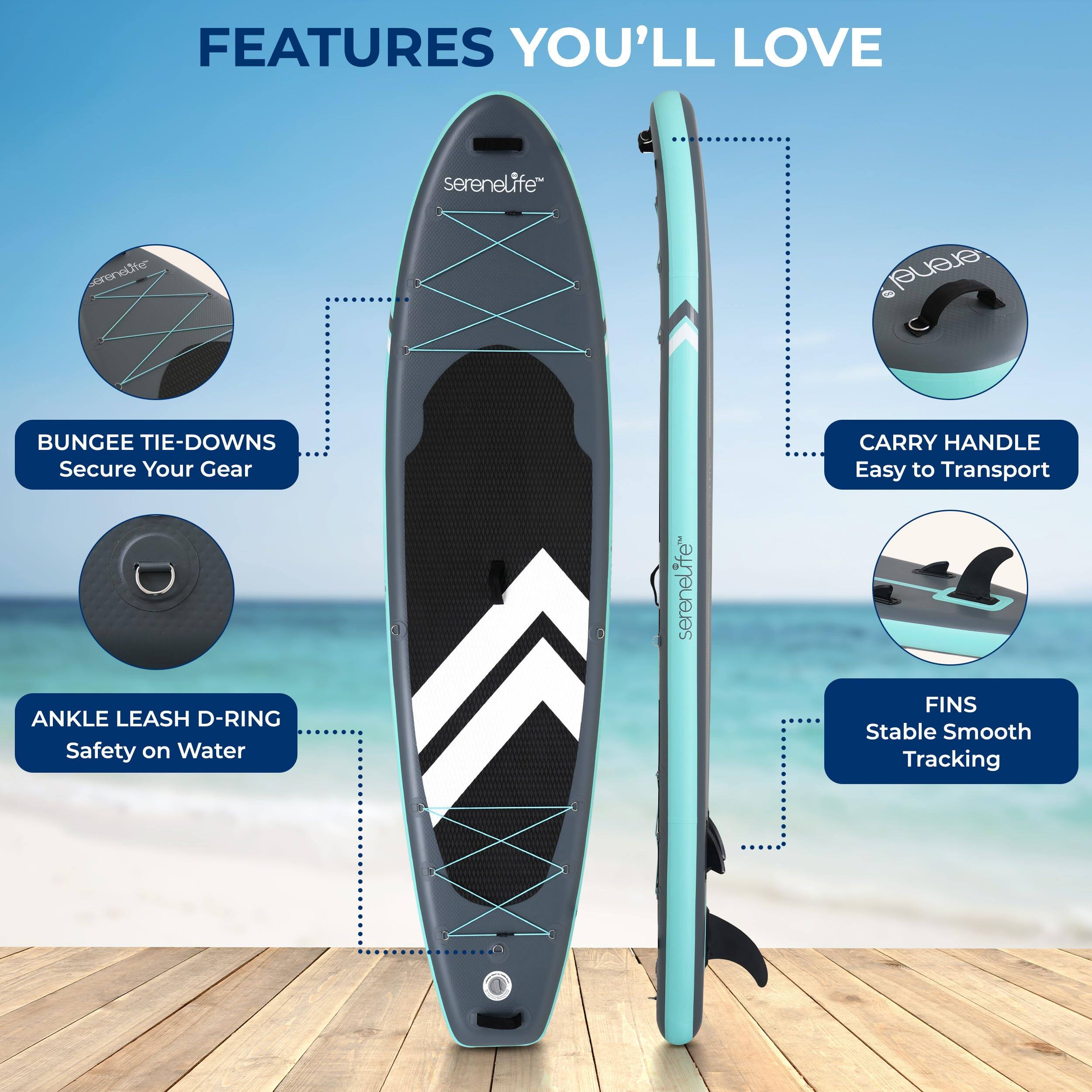 FEATURES YOU'LL LOVE

- BUNGEE TIE-DOWNS Secure Your Gear
- ANKLE LEASH D-RING Safety on Water
- CARRY HANDLE Easy to Transport
- FINS Stable Smooth Tracking