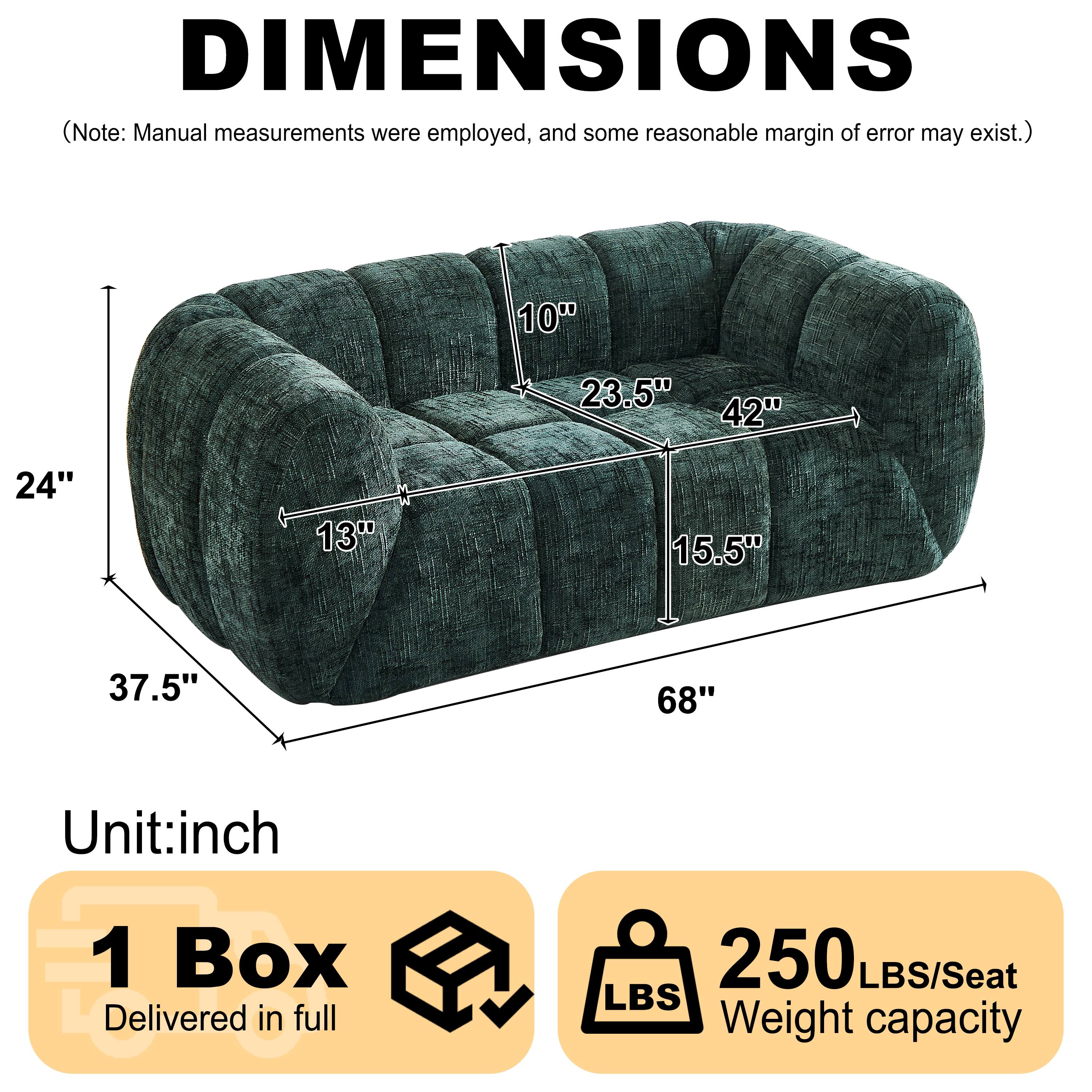 DIMENSIONS (Note: Manual measurements were employed, and some reasonable margin of error may exist.)  
10" 23.5" 42" 24" 13" 15.5" 37.5" 68"  
Unit: inch  
1 Box Delivered in full  
250 LBS/Seat  
LBS Weight capacity