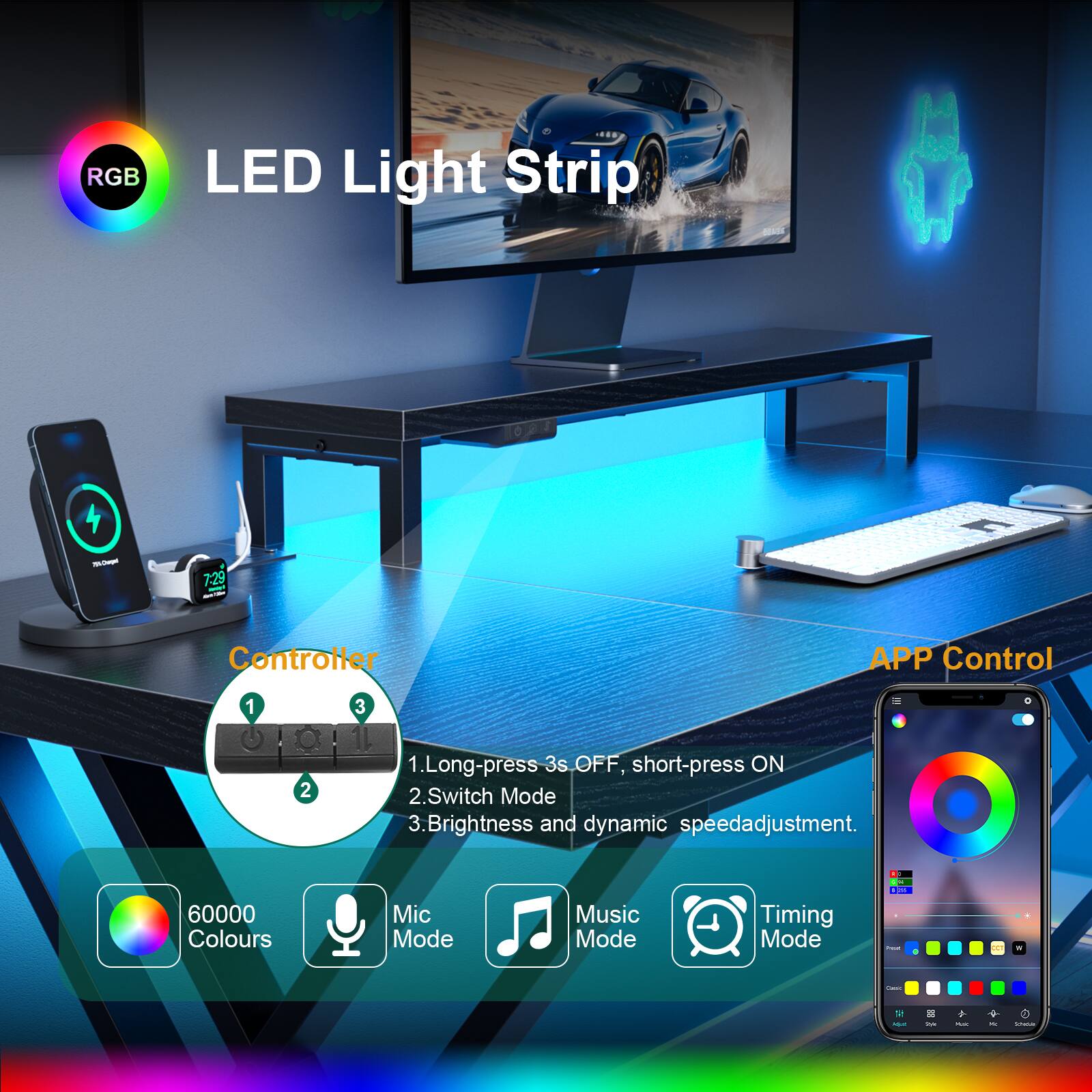 RGB LED Light Strip

Controller APP Control

1. Long-press 3s OFF, short-press ON
2. Switch Mode
3. Brightness and dynamic speed adjustment

60000 Colours

Mic Mode Music Mode Timing Mode