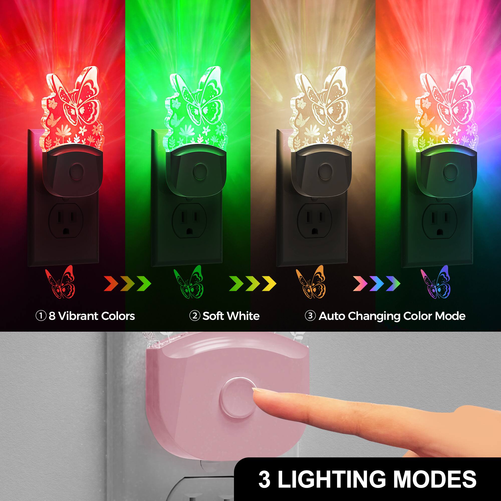 1. 8 Vibrant Colors
2. Soft White
3. Auto Changing Color Mode
3 LIGHTING MODES