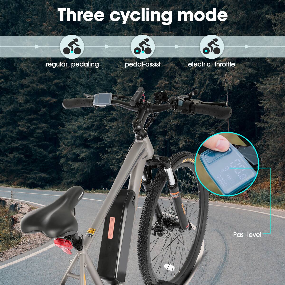Three cycling mode

regular pedaling
pedal-assist
electric throttle

Pas level
