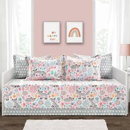 Hivvago - 6 Piece Floral Foxes Daybed Cover Bedding Set - Pink Teal Orange Grey