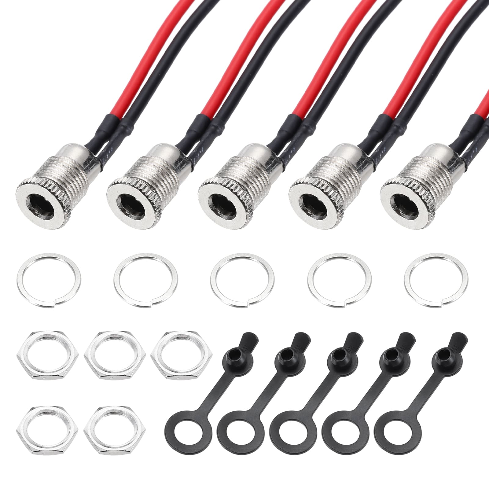 Unique Bargains - 5pcs DC-099 5.5x2.1mm 30V 12A 2Pin Panel Mount DC Jack with Waterproof Cap & Wires, 100mm - Silver