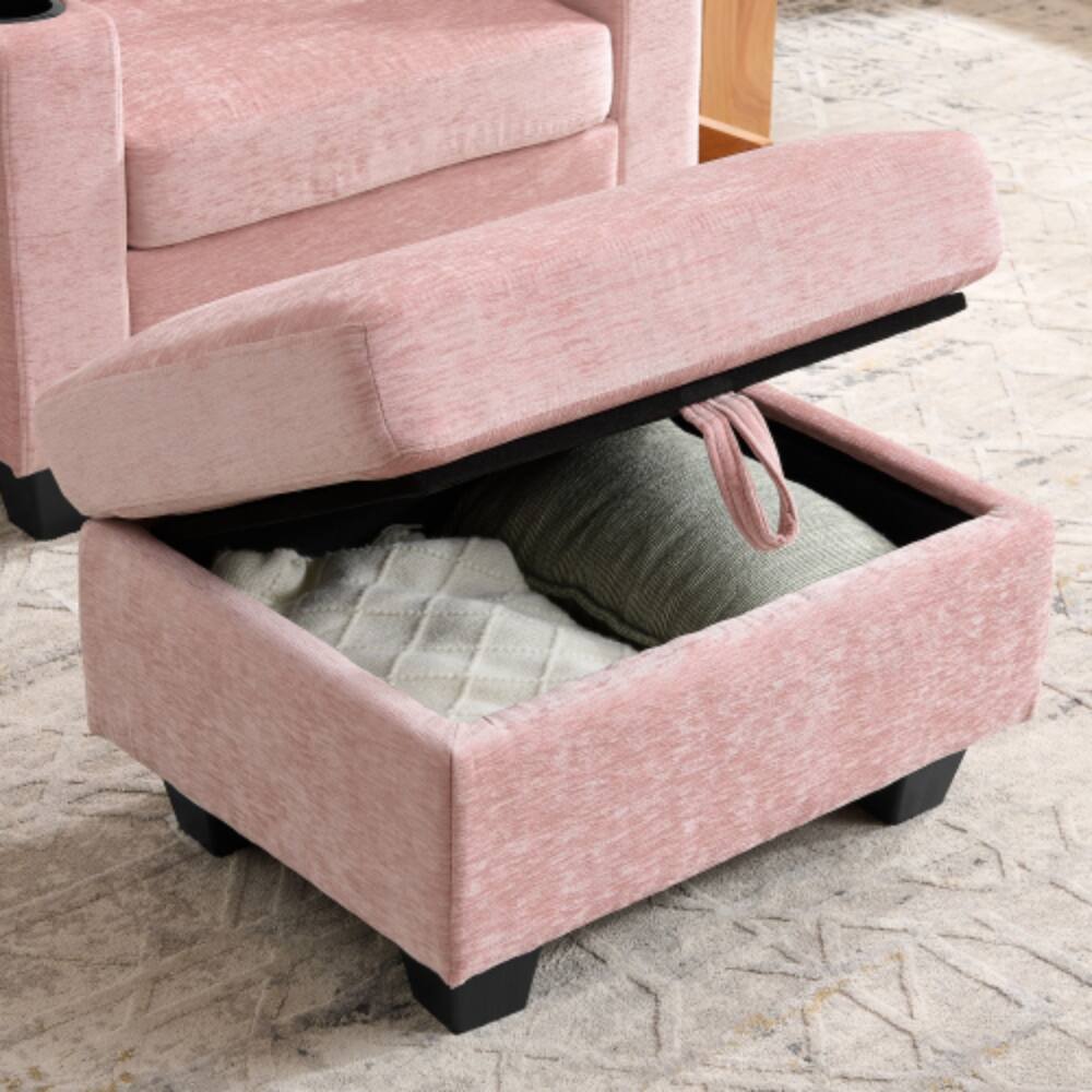 Alt View 1. LUCKY ONE - Single Sofa Recliner w/ Manual Backrest USB Port Cup Holders Hidden Storage Ottoman - Pink.