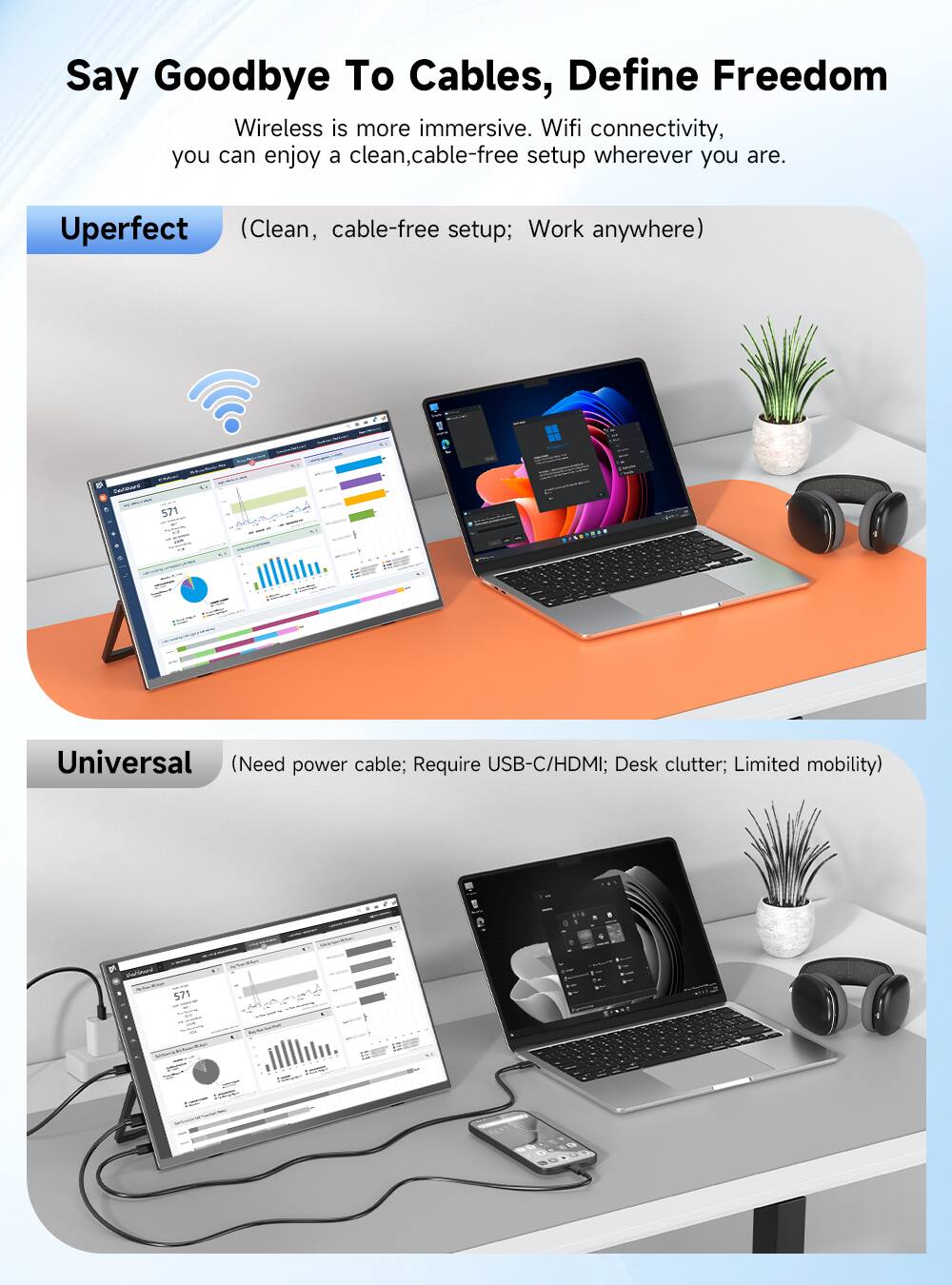 Say Goodbye To Cables, Define Freedom  
Wireless is more immersive. Wifi connectivity, you can enjoy a clean, cable-free setup wherever you are.  

Uperfect (Clean, cable-free setup; Work anywhere)  
571  

Universal (Need power cable; Require USB-C/HDMI; Desk clutter; Limited mobility)  
571