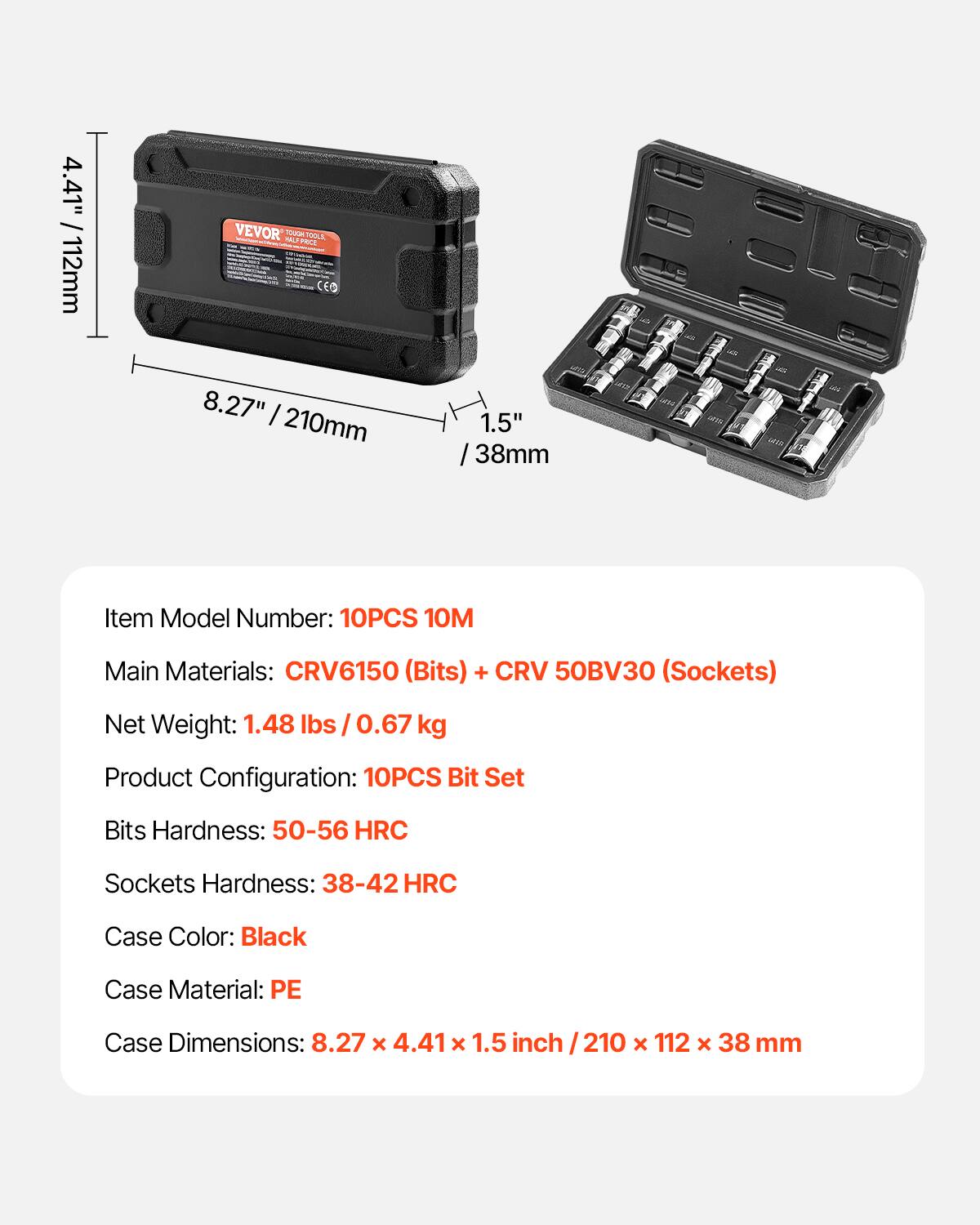 VEVOR XZN Triple Square Spline Bit Socket Set, 10 Piece M4 M18