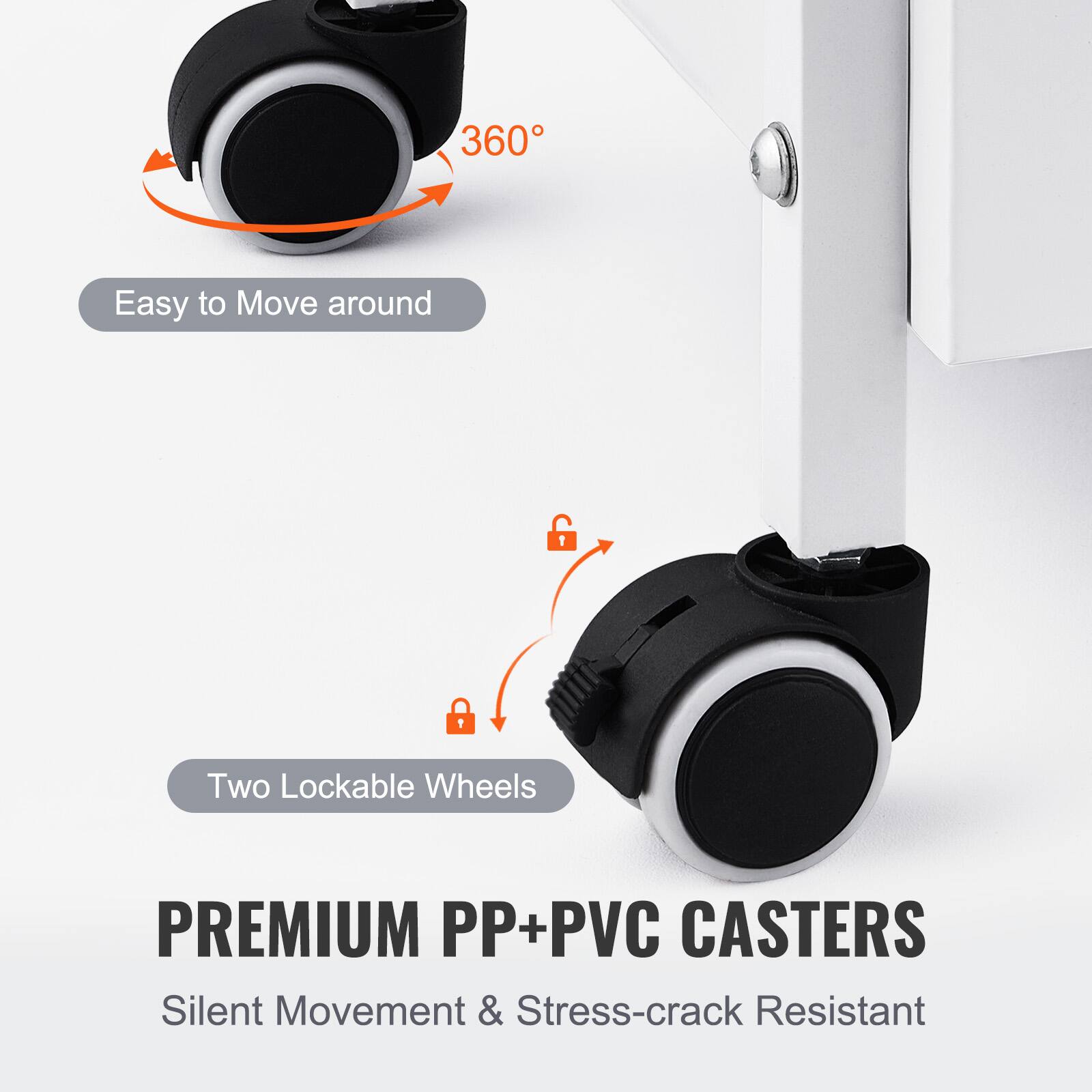 PREMIUM PP+PVC CASTERS, Silent Movement & Stress-crack Resistant, 360, Easy to Move around, Two Lockable Wheels