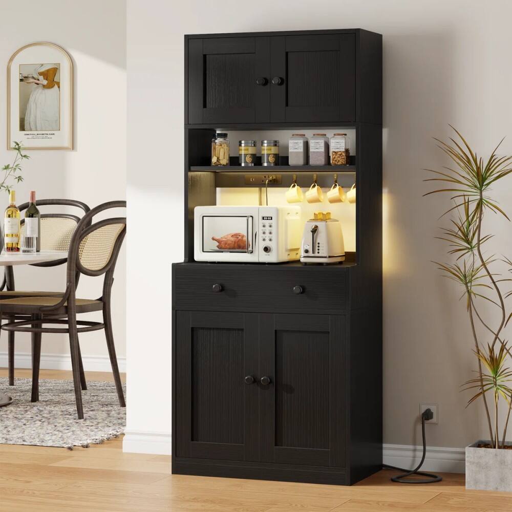 Alt View 7. Furnulem - 71 In Kitchen Pantry Storage Cabinet With Doors Drawer Farmhouse Pantry Cabinet With Power Outlet  Led Light - Black.