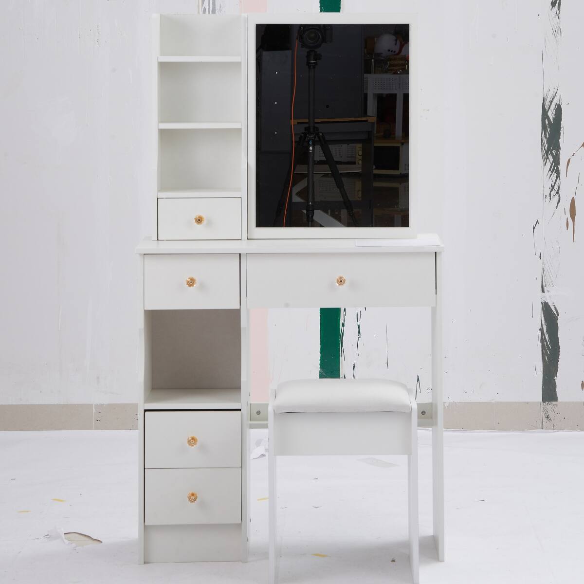 Alt View 4. Loheer - Loheer Small Space Vanity Table with Large Sliding Mirror, Left Drawer and Cushioned Stool - White.