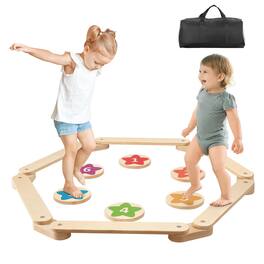 VEVOR - Balance Beam Stepping Stones, 6 PCS Wooden Toddler Balance Boards, Montessori Toy for Kids 2-6, Build Coordination - Raw wood color