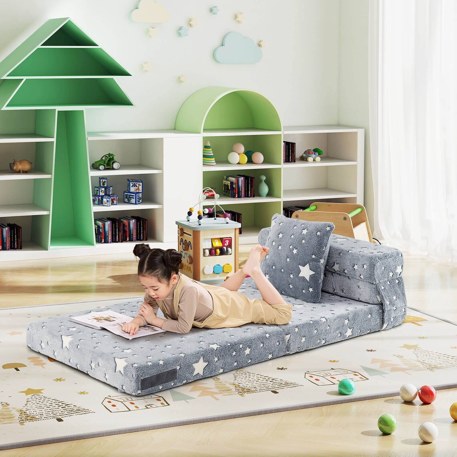 Alt View 3. Costway - Costway Kids Folding Sofa Bed Floor Mattress with Throw Pillow & Machine Washable Cover - Gray.