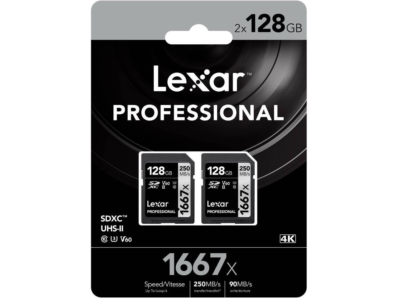 2x 128GB Lexar PROFESSIONAL SDXC UHS-II 1667x  
250MB/s 90MB/s  
V60  
Up to 250MB/s transfer  
Write 4K  
Speed/Vitesse  
1667x