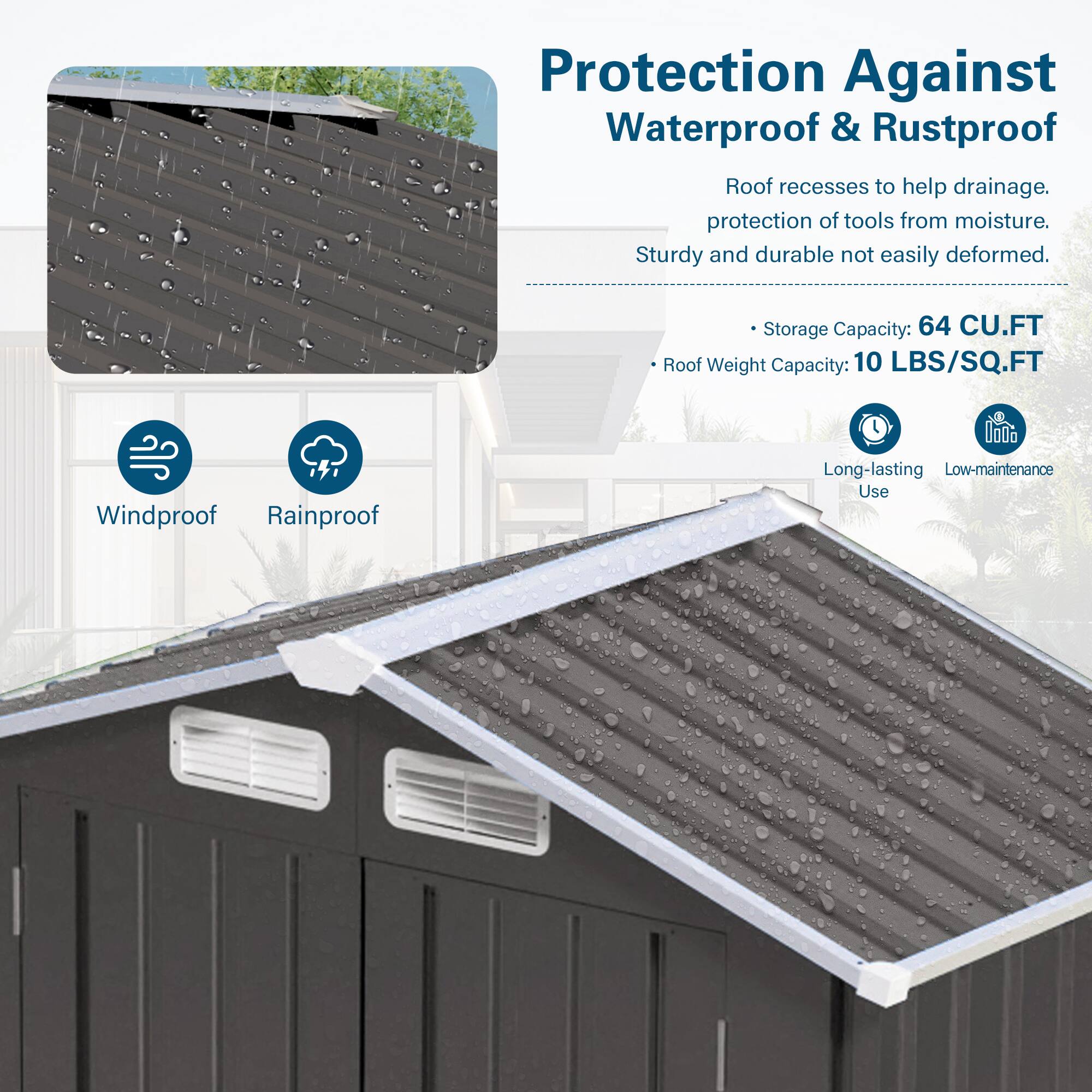 Protection Against Waterproof & Rustproof  
Roof recesses to help drainage.  
Protection of tools from moisture.  
Sturdy and durable, not easily deformed.  

Storage Capacity: 64 CU.FT  
Roof Weight Capacity: 10 LBS/SQ.FT  

Windproof  
Rainproof  
Long-lasting  
Low-maintenance Use